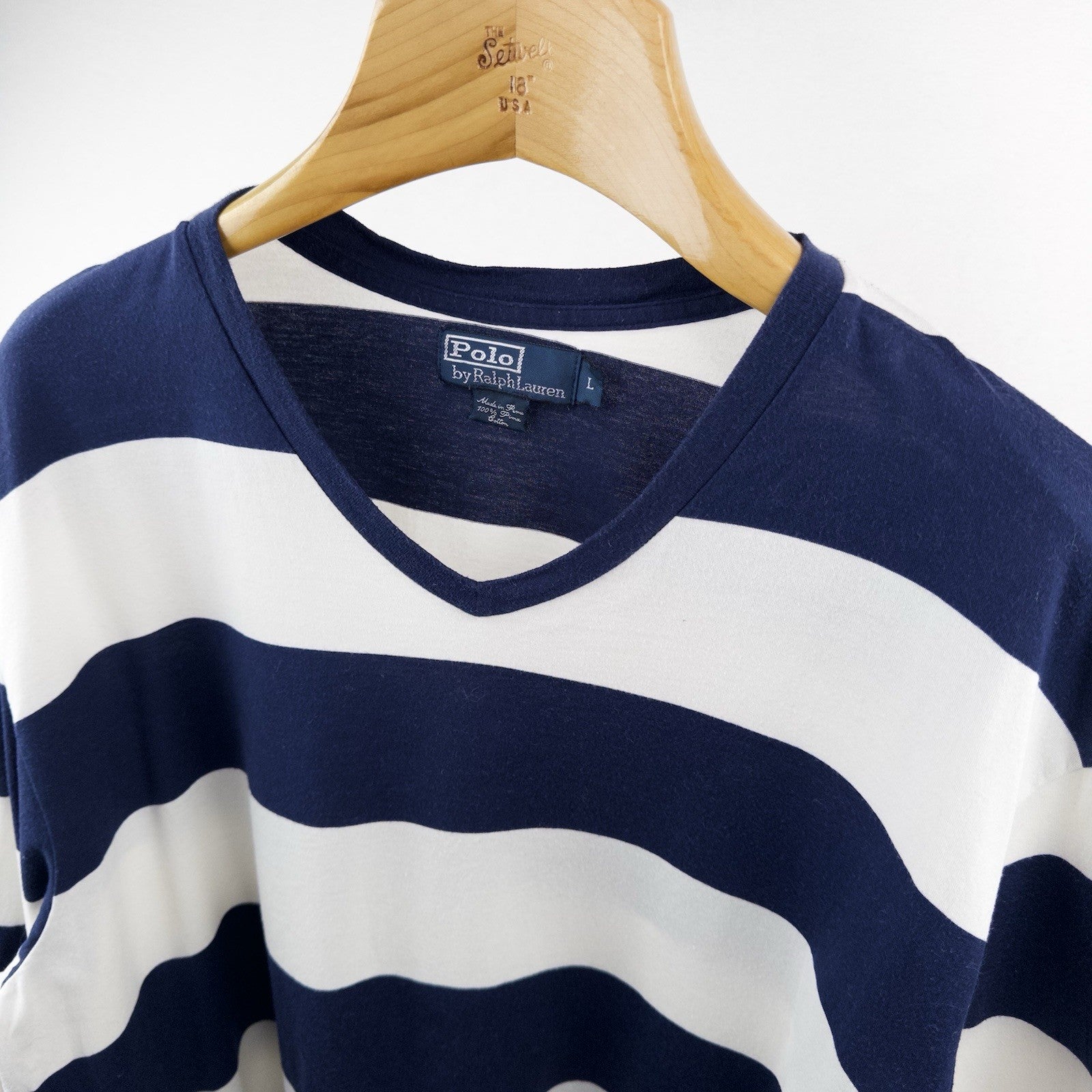 90’s Vtg Polo Ralph Lauren V-neck Sailor Stripe Shirt Men’s L Pima Cotton Blue