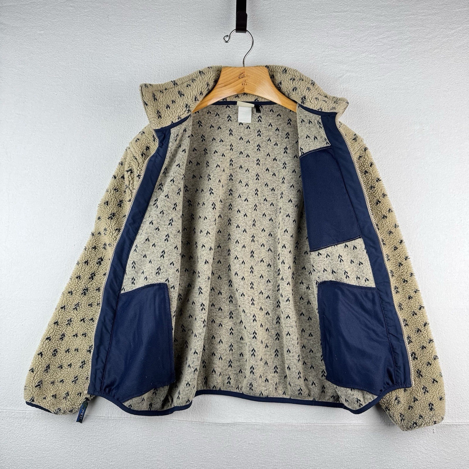 80's Vtg L.L. Bean Tan Beige Birdseye Fleece Sherpa Jacket Size M Deep Pile Boxy