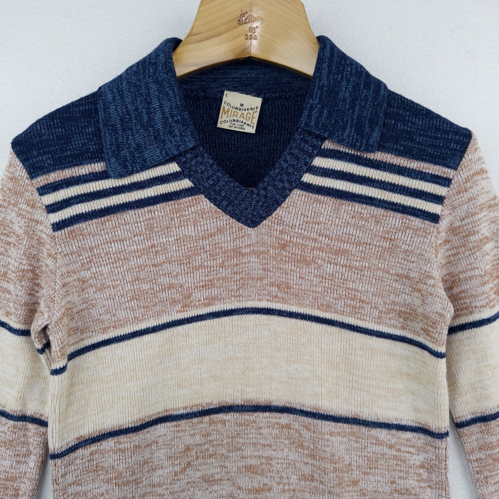 70’s Vtg Columbiaknit Johnny Collar V Neck Sweater Mens Medium Cream Blue Stripe