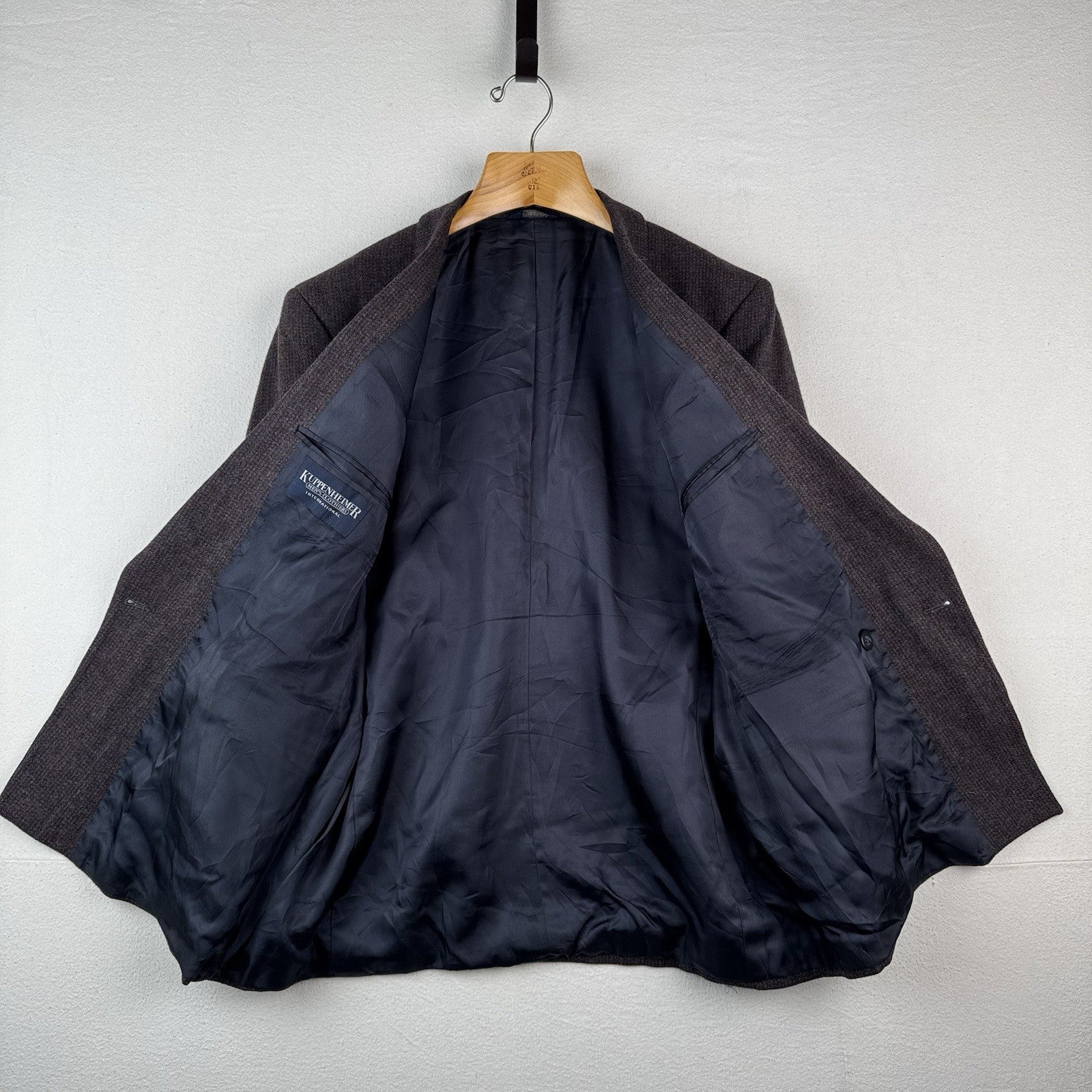 Vintage Kuppenheimer 42R Relaxed Brown Blue Tweed Double Breasted Wool USA