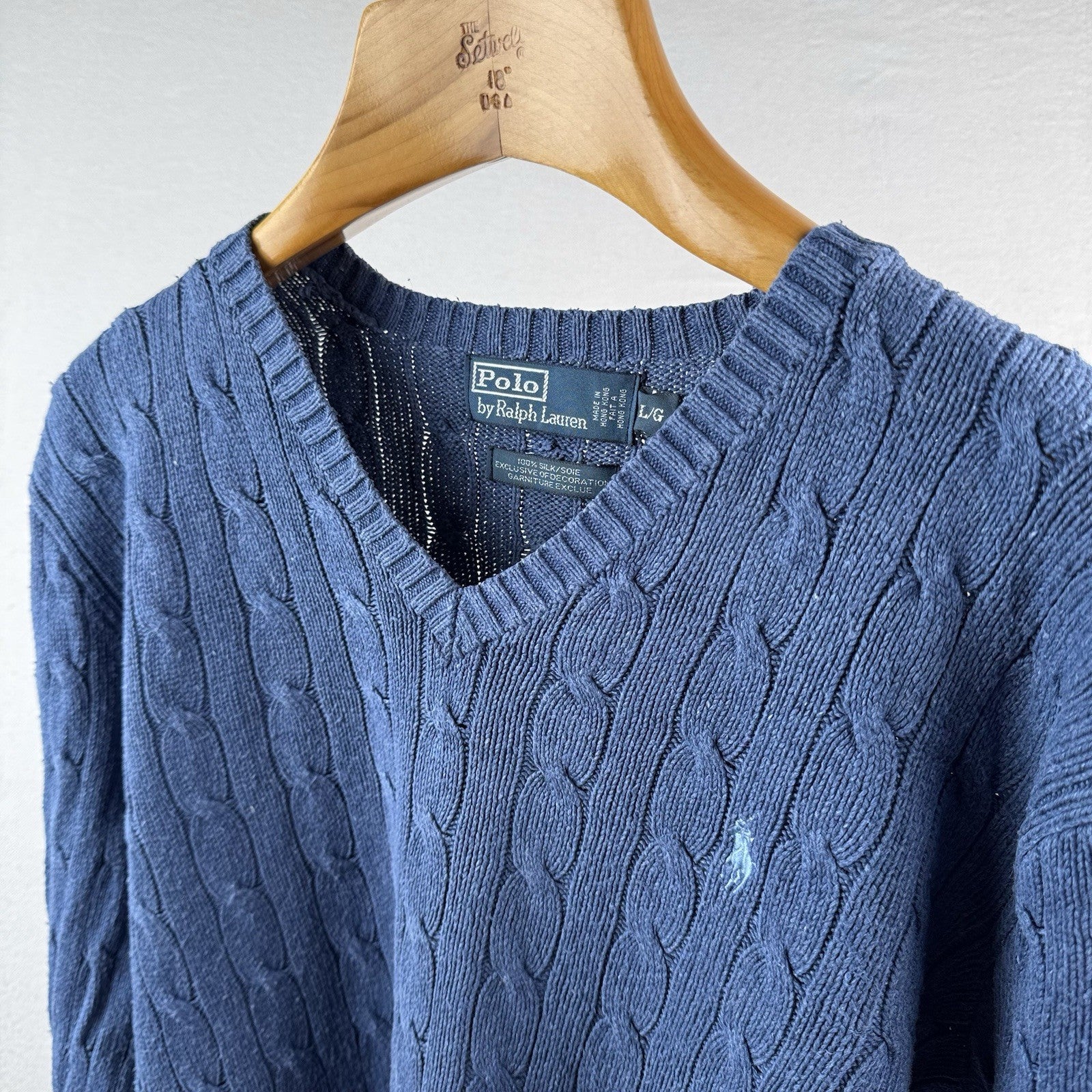 Vintage Polo Ralph Lauren 100% Silk Sweater Mens Large Blue Cable Knit V Neck