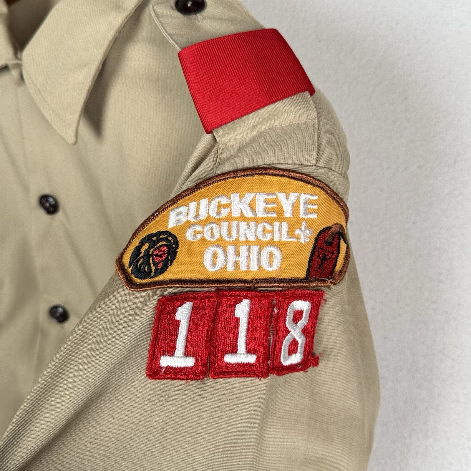 Vtg BSA Boy Scouts Uniform Shirt Men M Tan Long Sleeve Patches Made USA Buckeye
