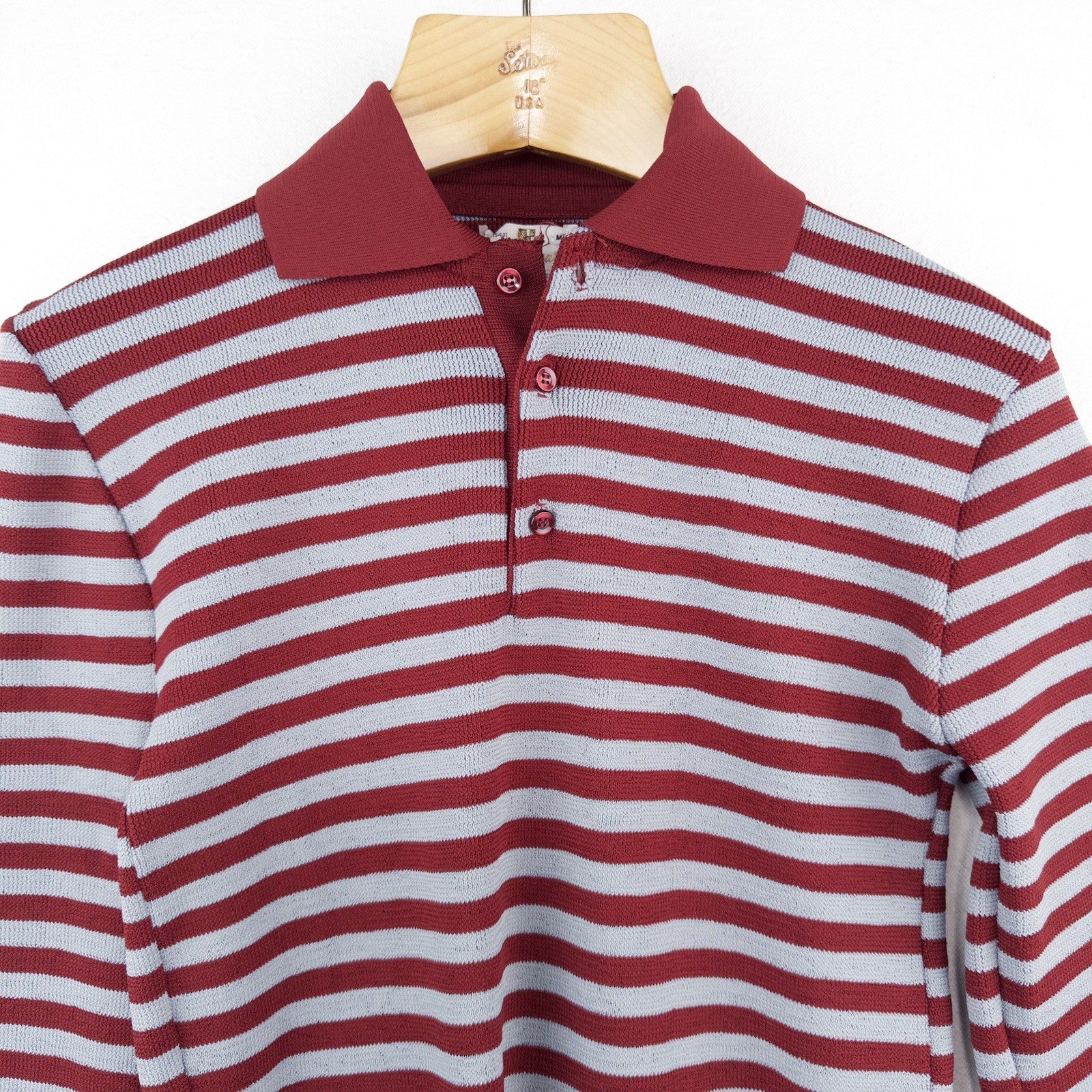 60's Vtg Mac Taggart 3 Button Polo Shirt  Gray Red Stripes Long Sleeve Men’s M