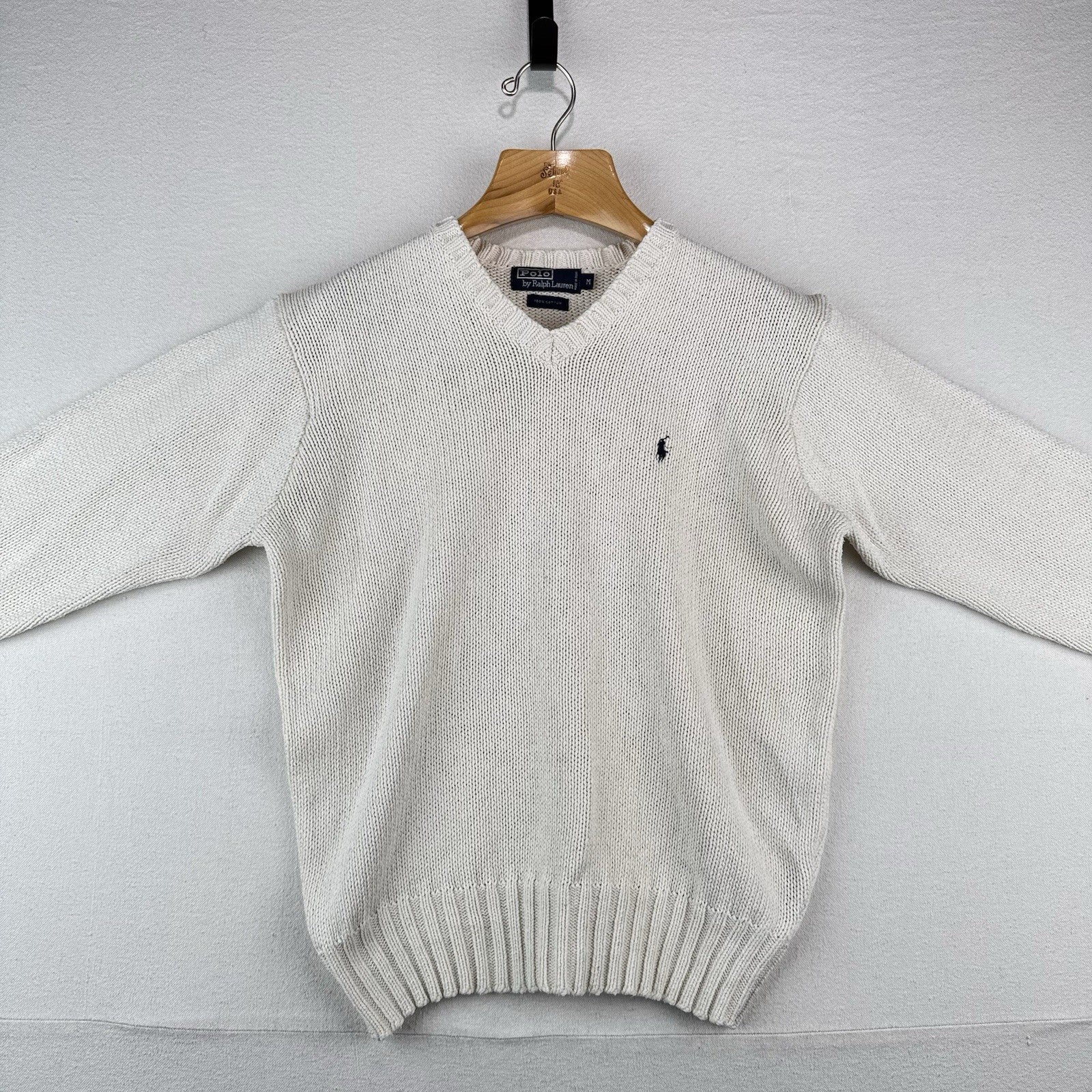 90s Vtg Polo Ralph Lauren Sweater Men's M Cream 100% Cotton V-Neck Navy Pony