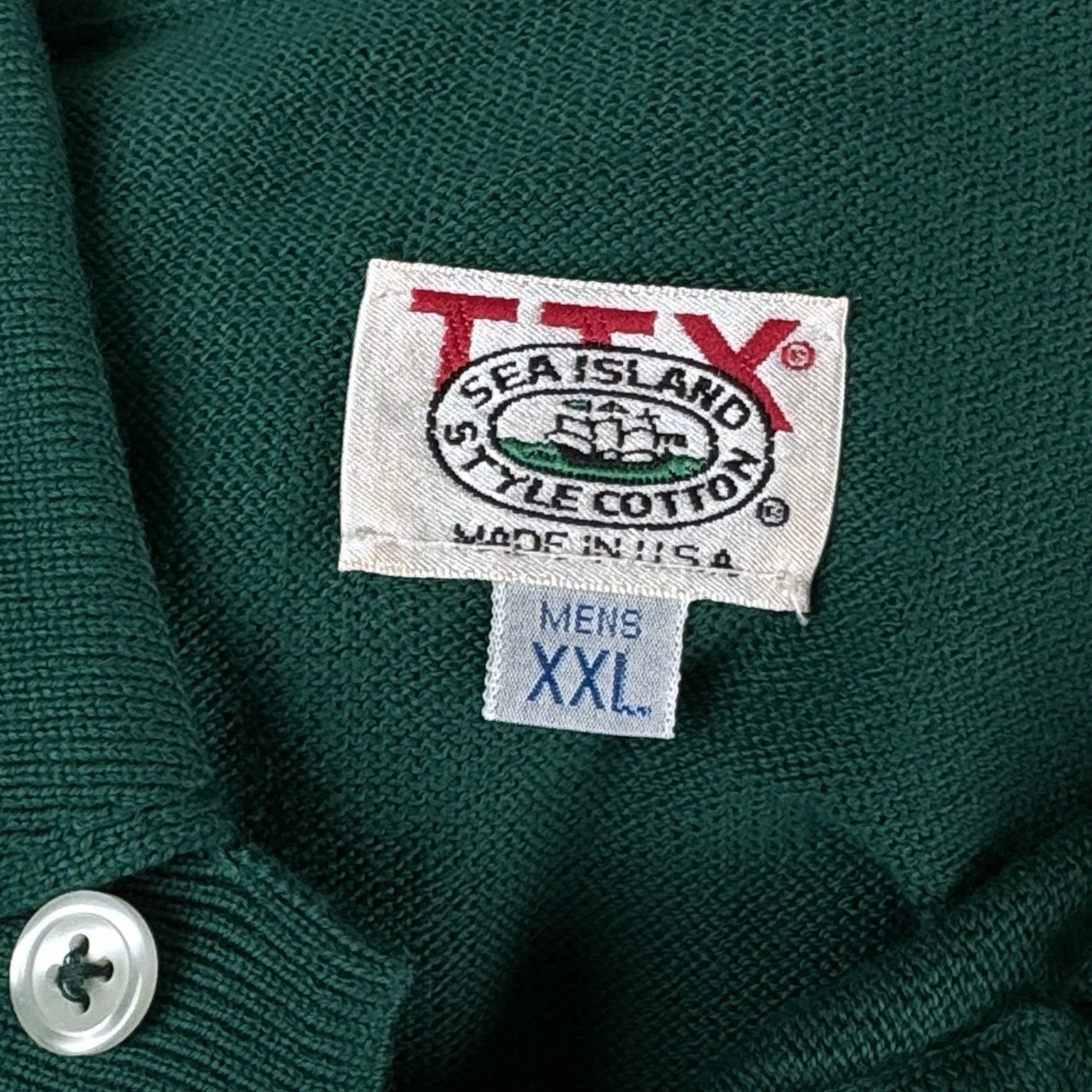 80’s Deadstock 100% Sea Island Cotton Polo Button Long Sleeve Green 2XL Made USA