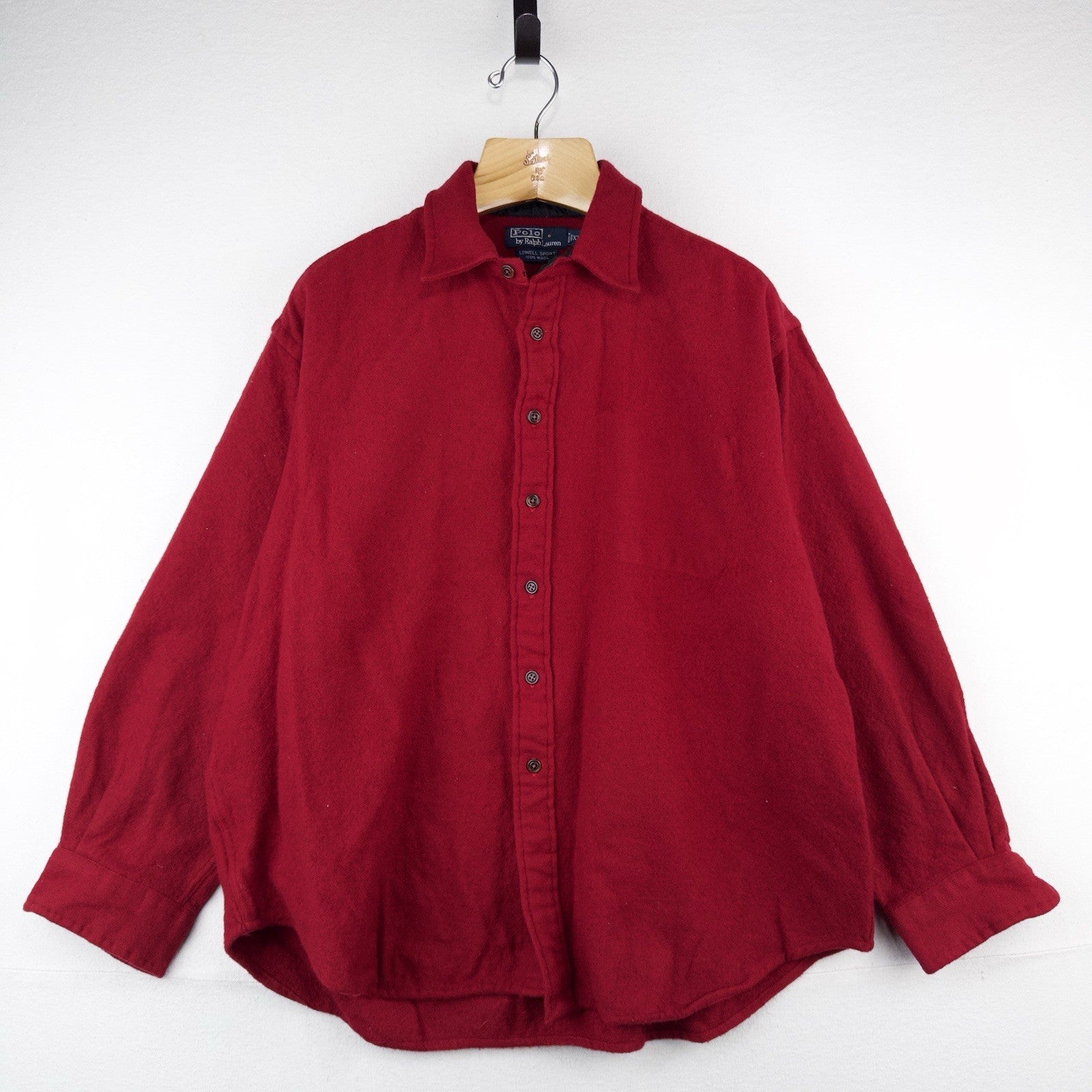 90s Vtg Polo Ralph Lauren Red Lowell 100% Wool Button Up Shirt Boxy *Distressed