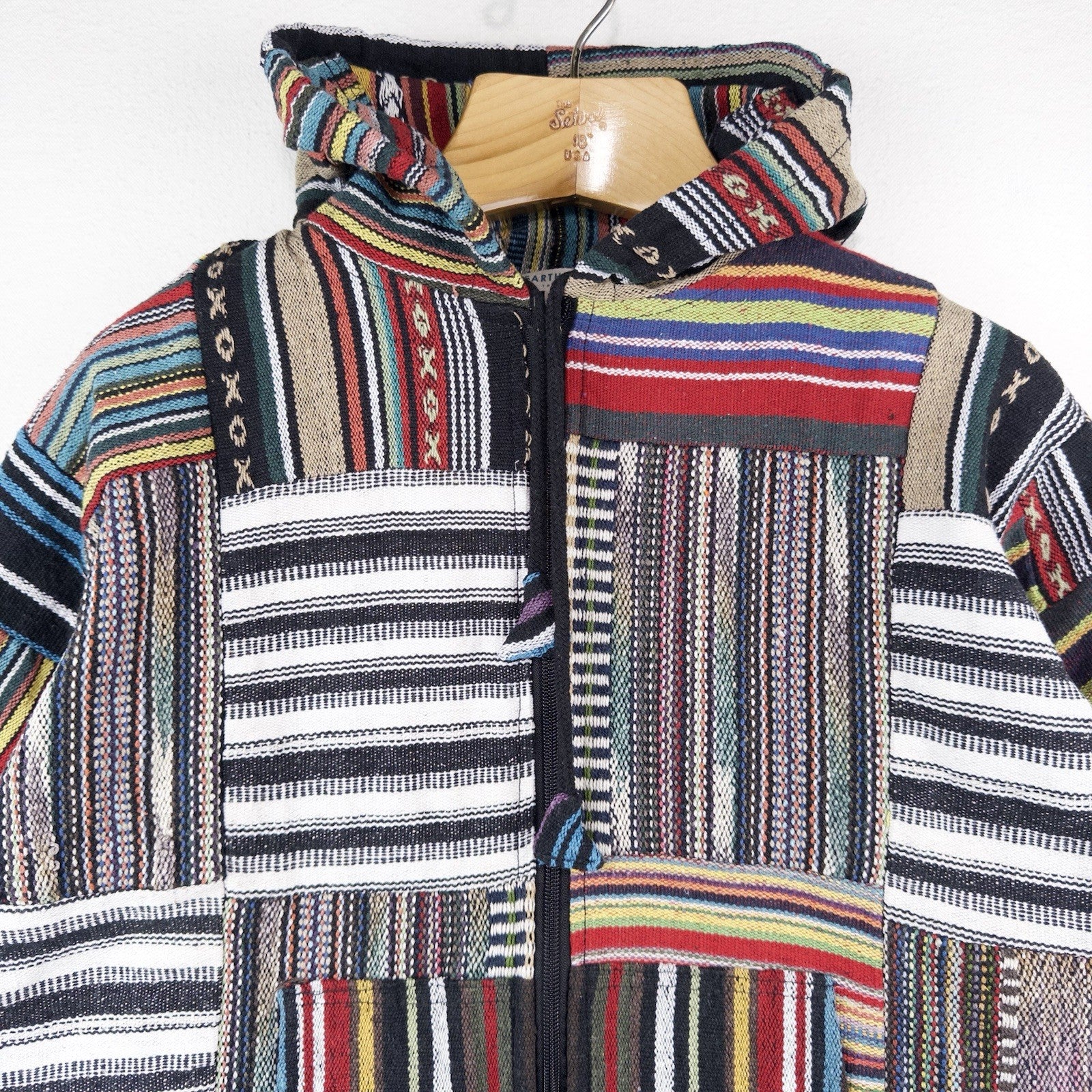 Vintage Patchwork Rug Baja Hoodie Full Zip Jacket Small Boho Festival