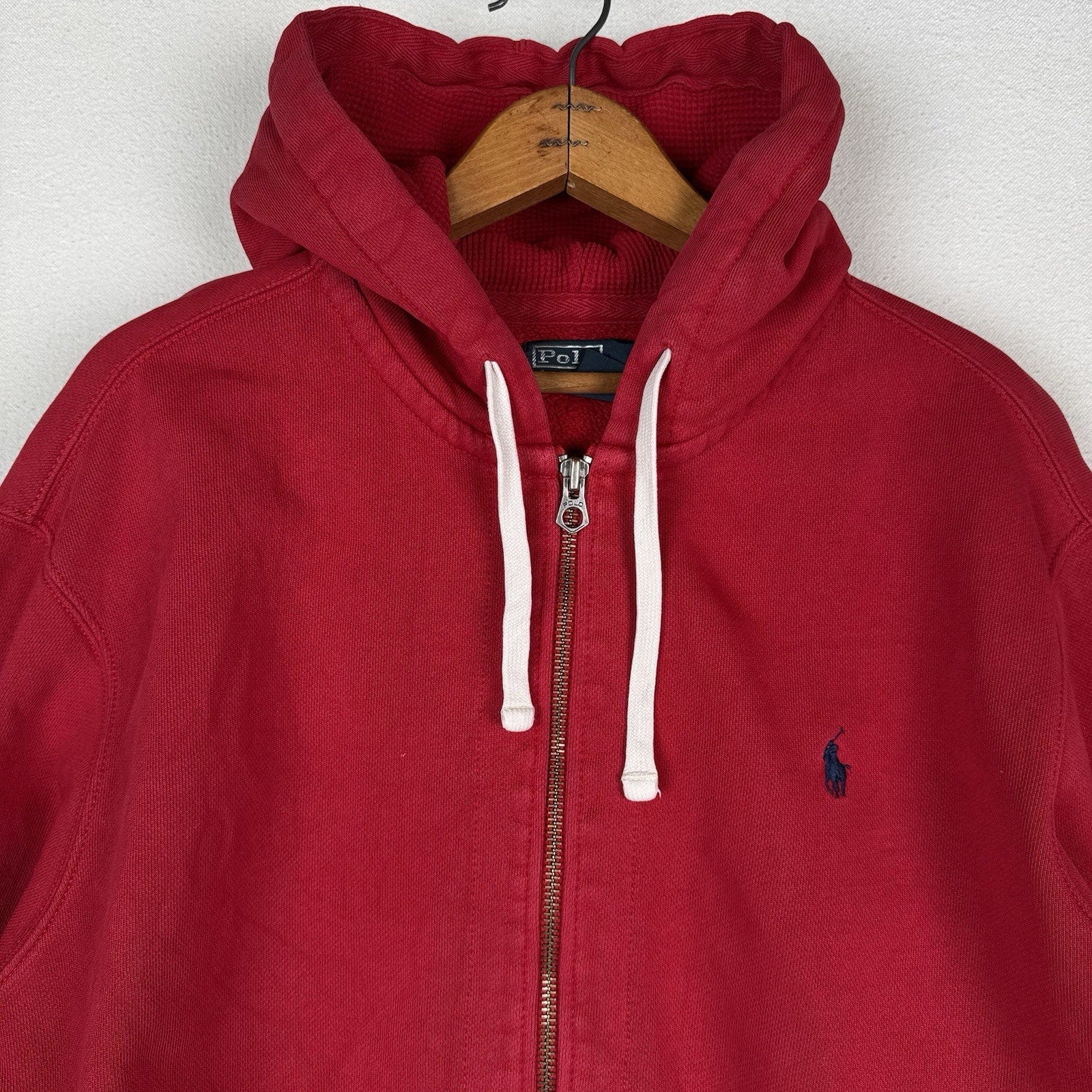 Vintage Polo Ralph Lauren Thermal Hood Hoodie Mens 2XL Full Zip Red Sweatshirt