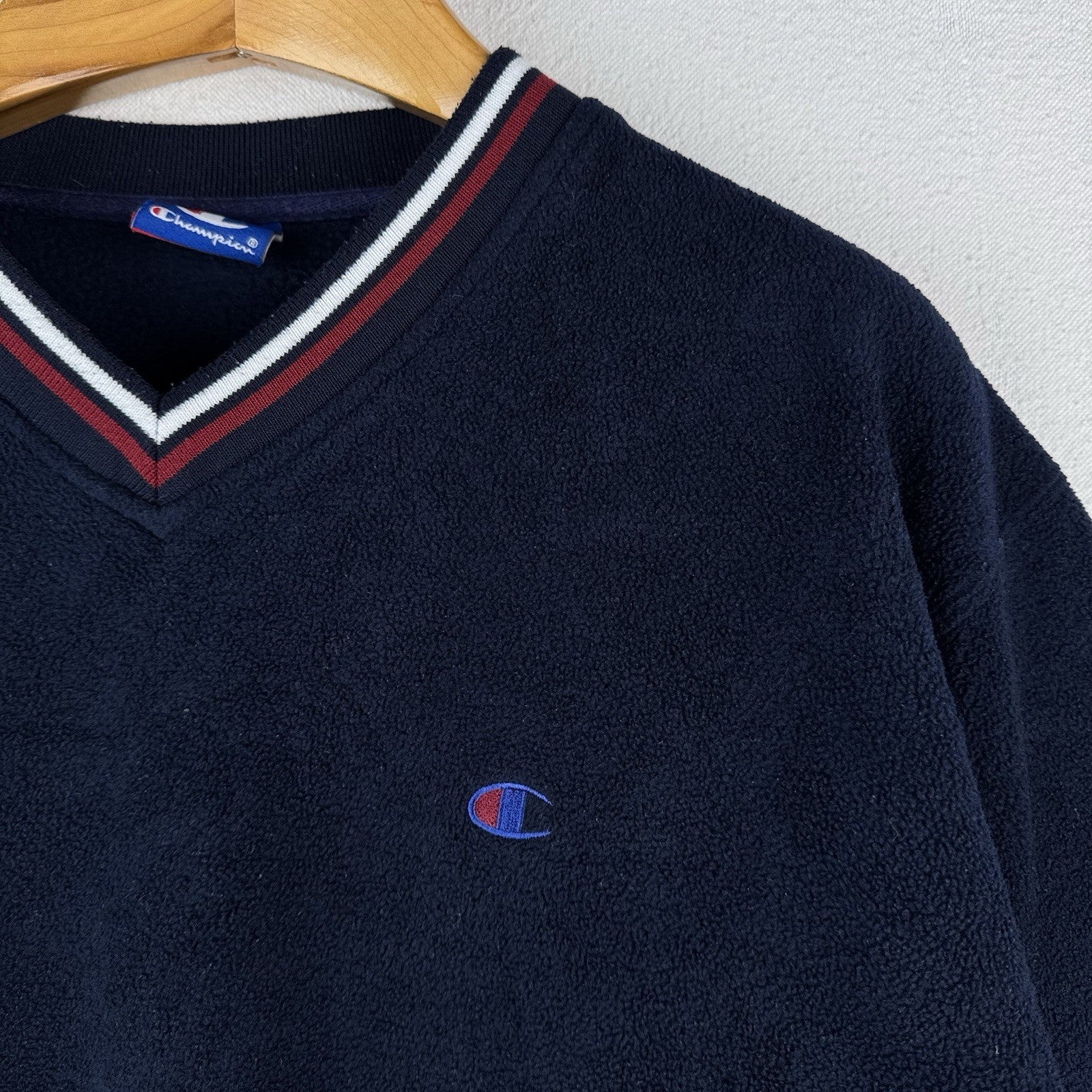 90’s Vtg Champion V-neck Fleece Sweatshirt Pullover Men’s Large Blue