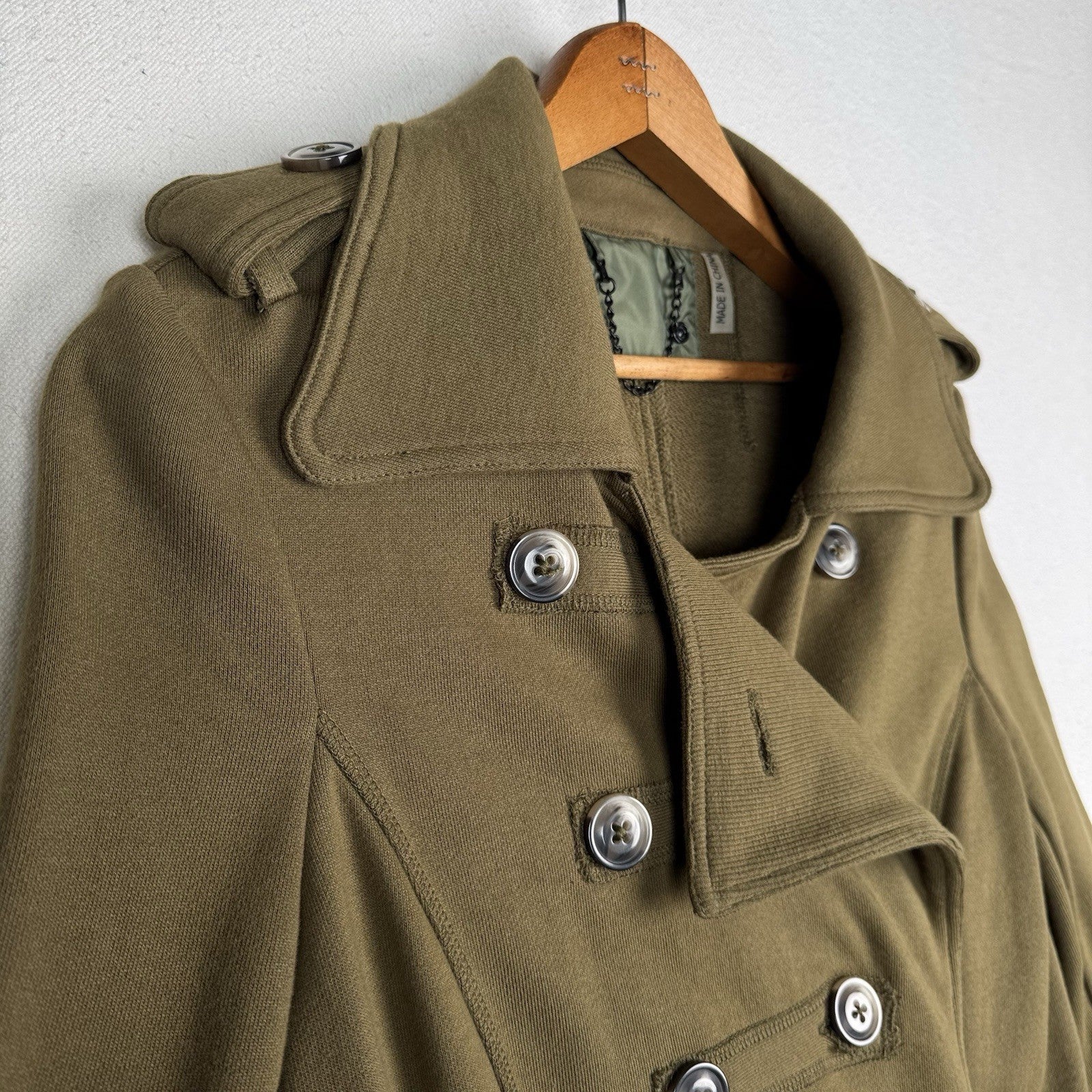 Military Style Double Breasted Knit Green Brown Long Trench Jacket Women’s Small