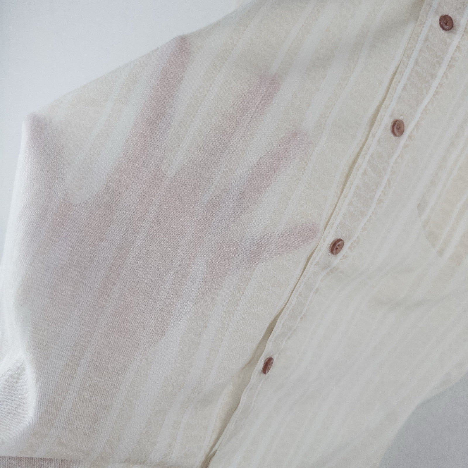 70s Vtg Short Sleeve Button Shirt White Beige Striped Dagger Collar Paper Thin S