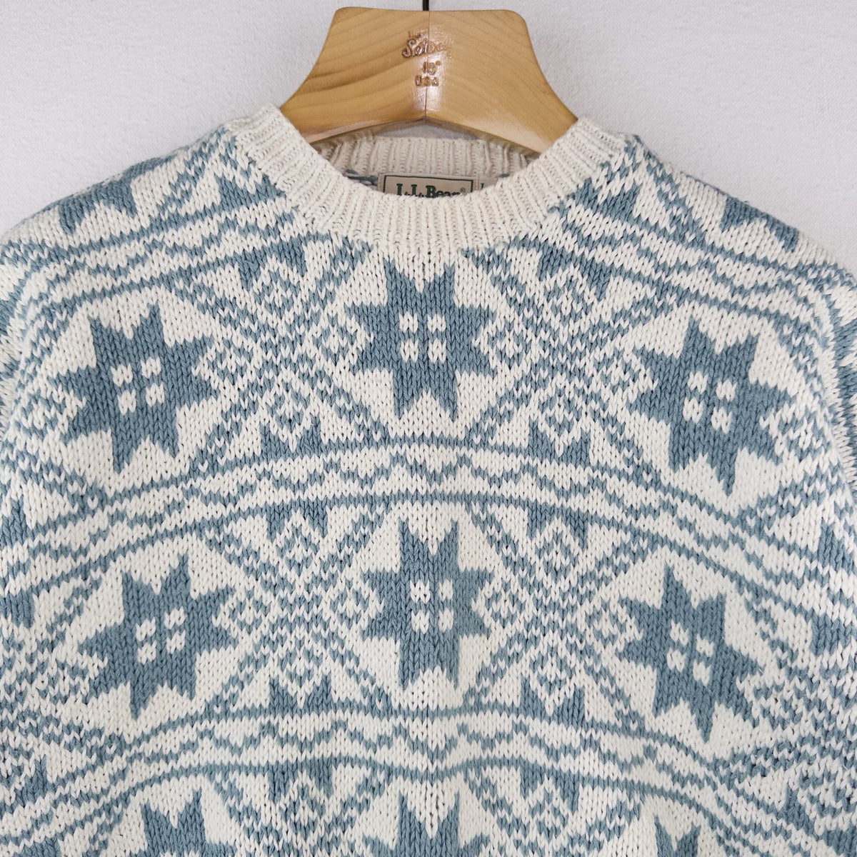 80’s Vtg LL BEAN Women's L Nordic Ramie Blend Knit Blue Cream Snowflake Sweater