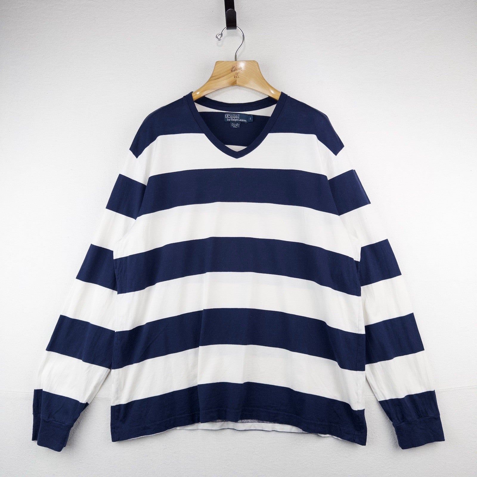 90’s Vtg Polo Ralph Lauren V-neck Sailor Stripe Shirt Men’s L Pima Cotton Blue