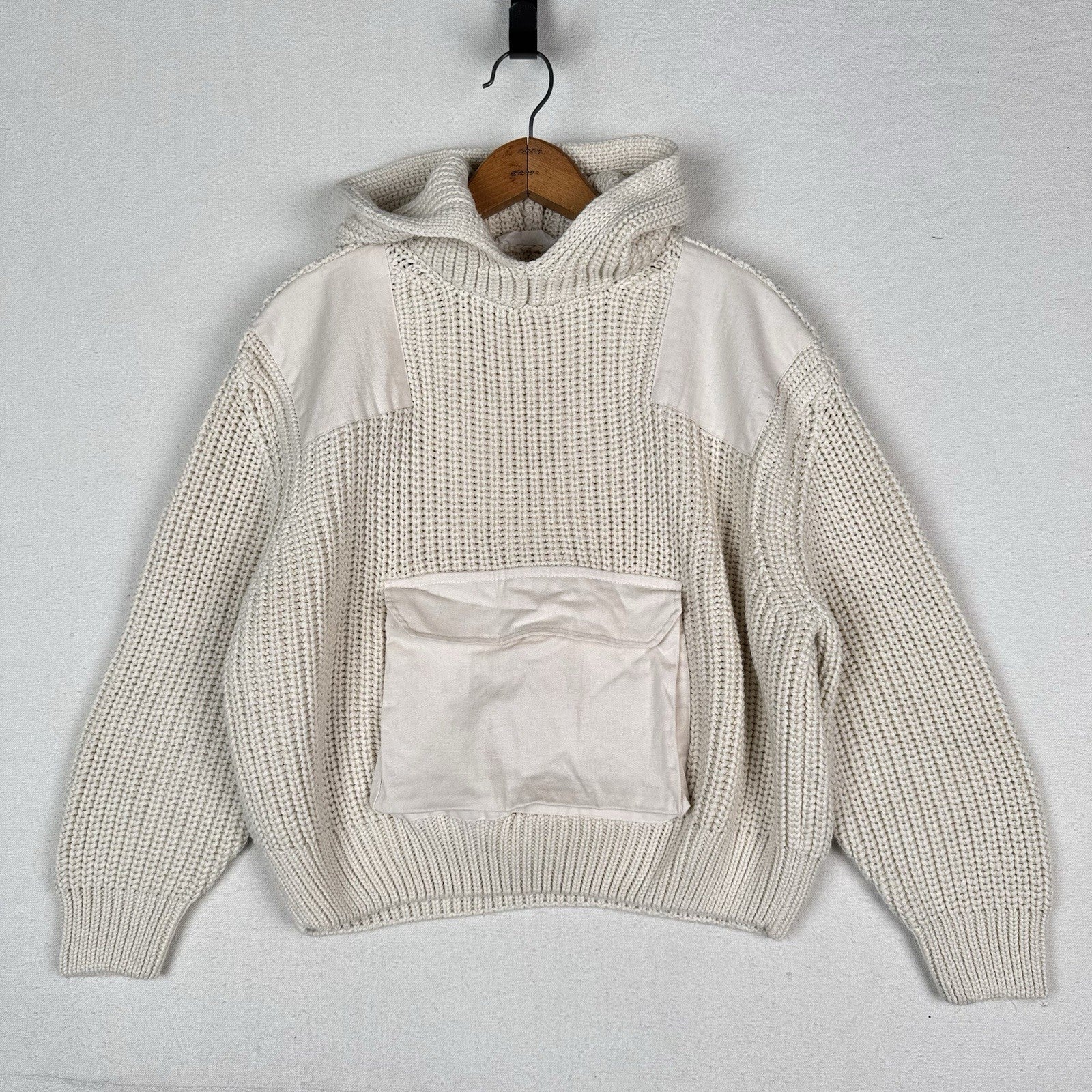 Mango Women’s XS Cropped Hooded Cable Knit Patchwork Sweater Cream Front Pocket