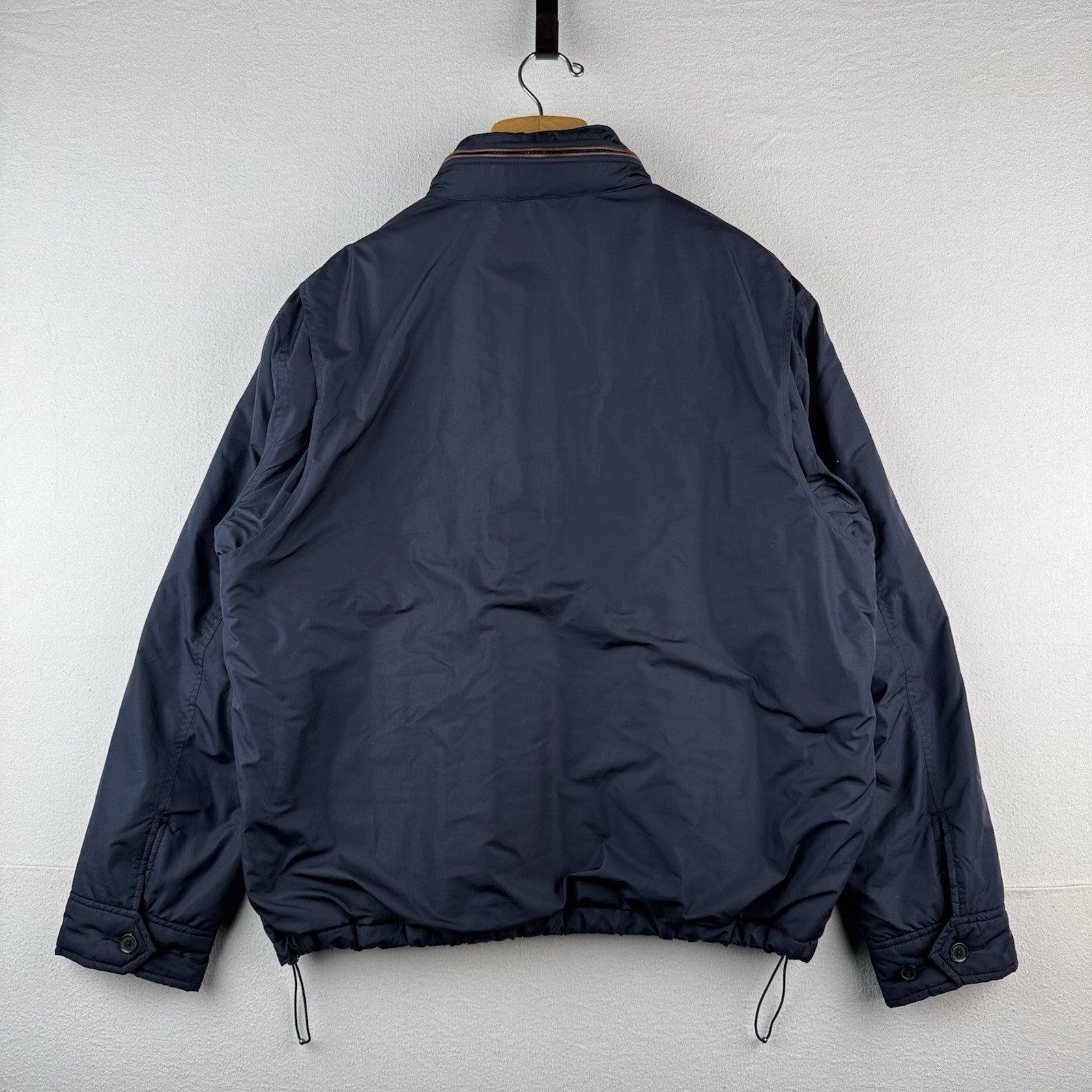 90's Vtg Polo Ralph Lauren Jacket Men XL Navy Leather Trim Lined Stowaway Hood