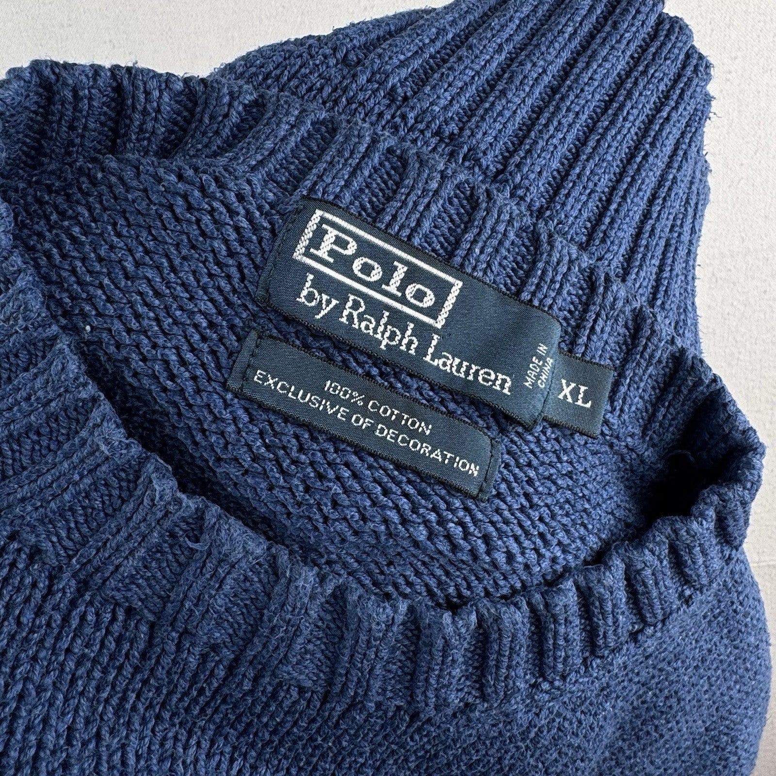 90’s Vintage Polo Ralph Lauren Sweater Men XL Blue Chunky Knit Crew Yellow Pony