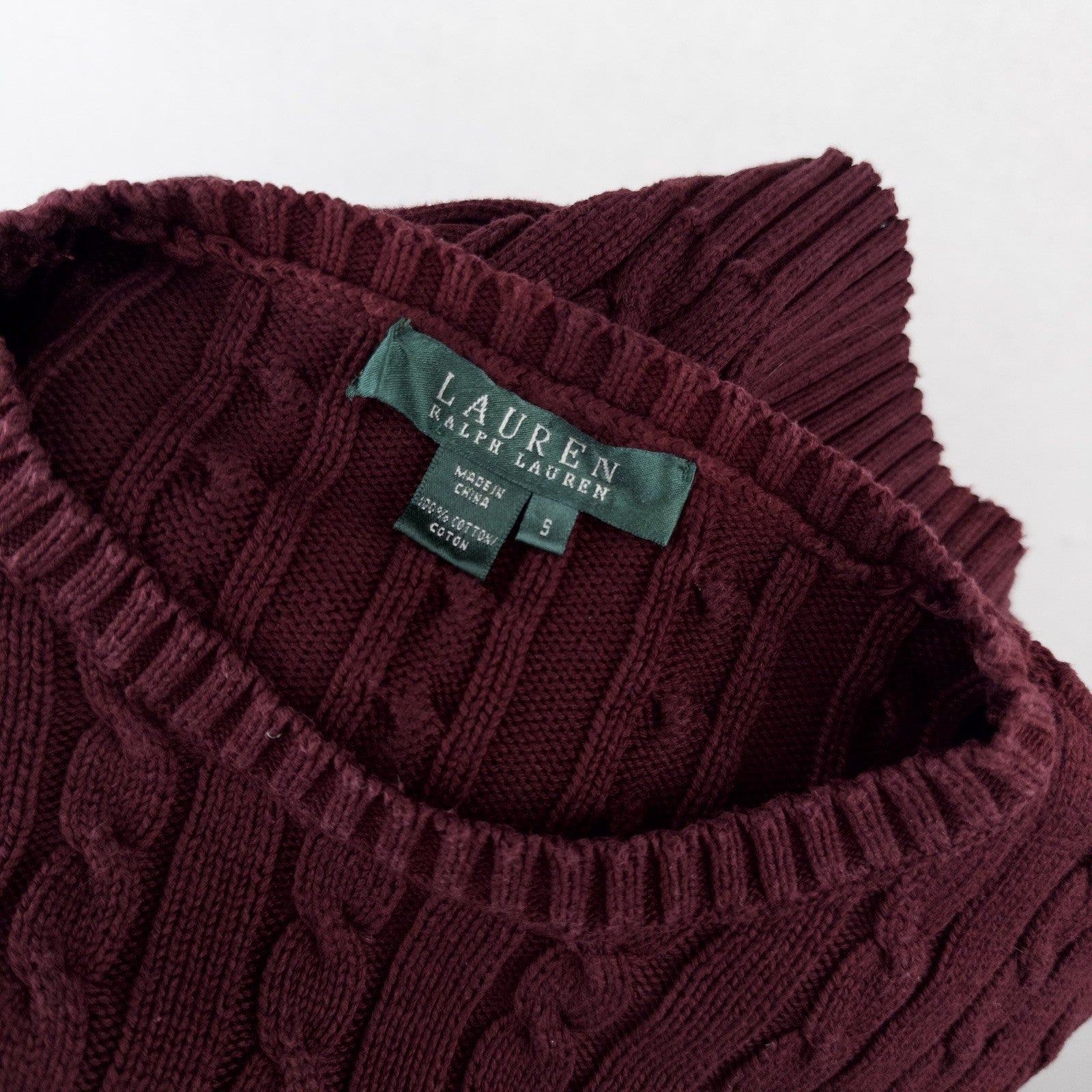 Ralph Lauren LRL Womens Small Maroon 100% Cotton Sweater 3D Cable Knit Crewneck