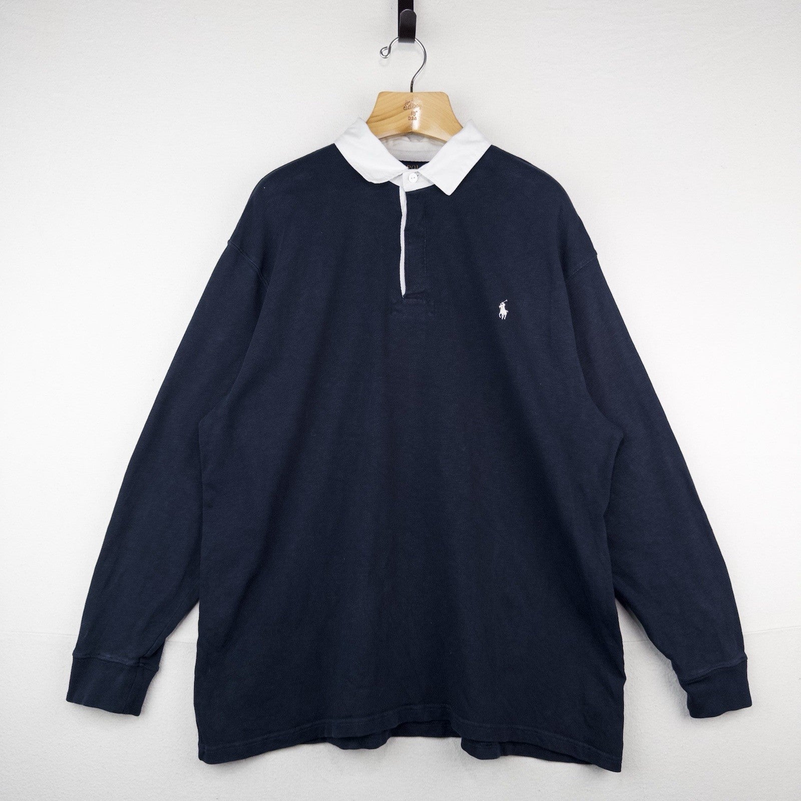 Polo Ralph Lauren Mens Long Sleeve Rugby Shirt Men’s 2XB Navy Blue White Collar