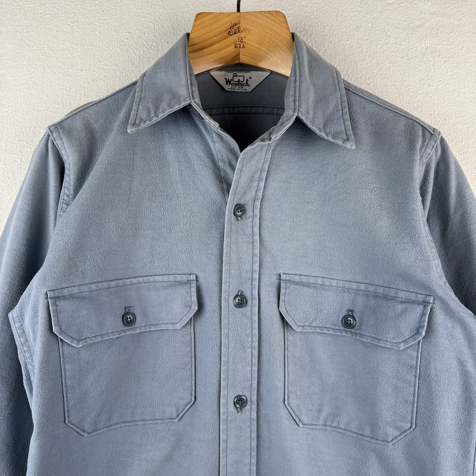 80’s Vtg Woolrich Chamois Cotton Button Up Flannel Blue Mens M Made USA Sunfaded