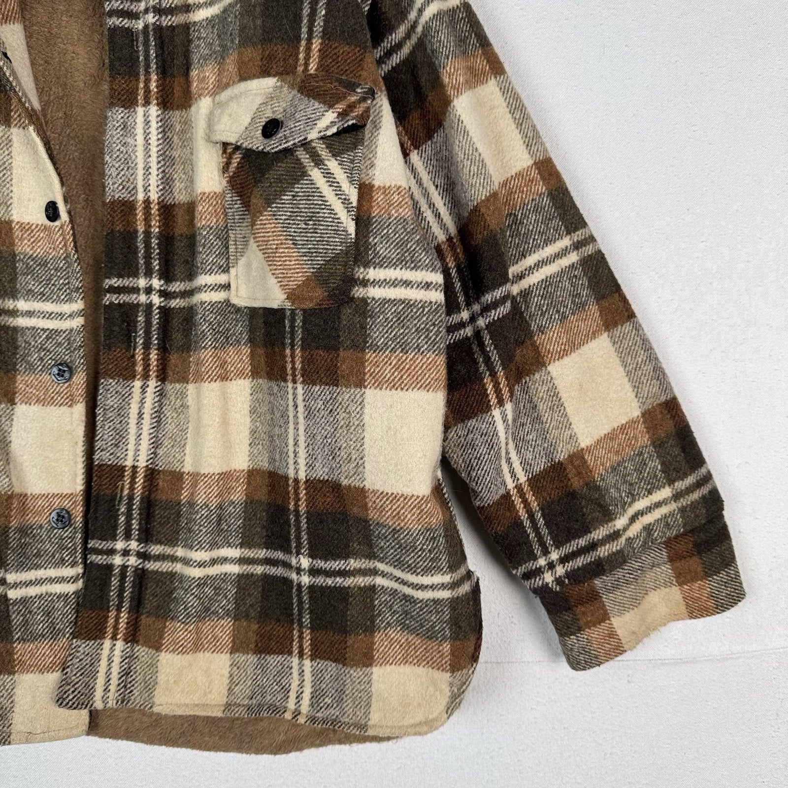 Vintage 70s CPO by Spiegel Mens Large Wool Blend Plaid Jacket Shacket Brown