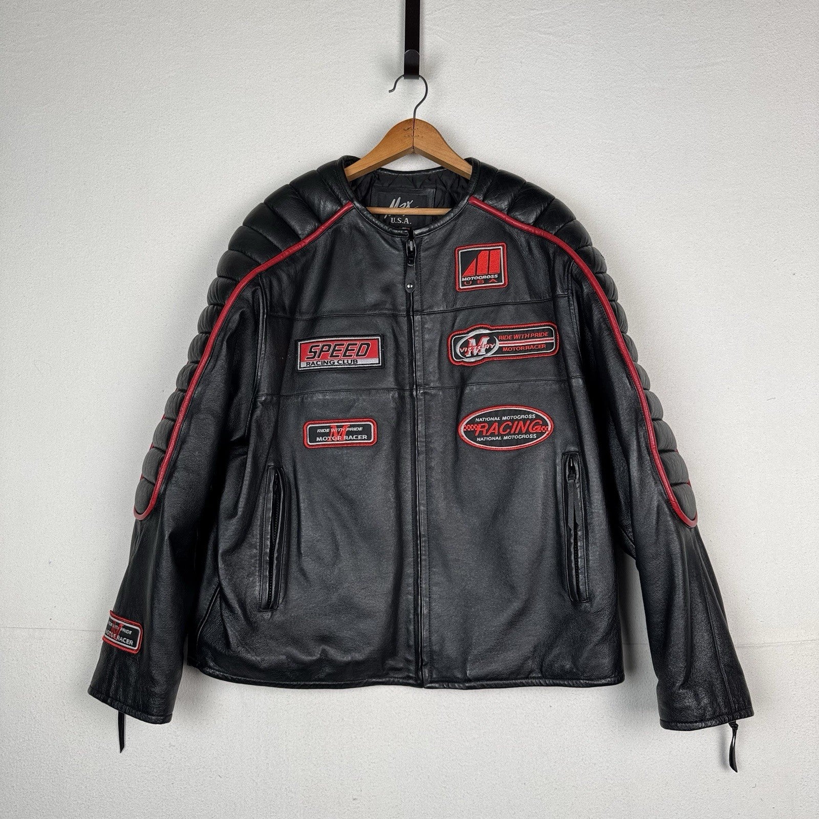 Max USA Men's Motor-cross Black Italian Leather Jacket XL X-Large Patches