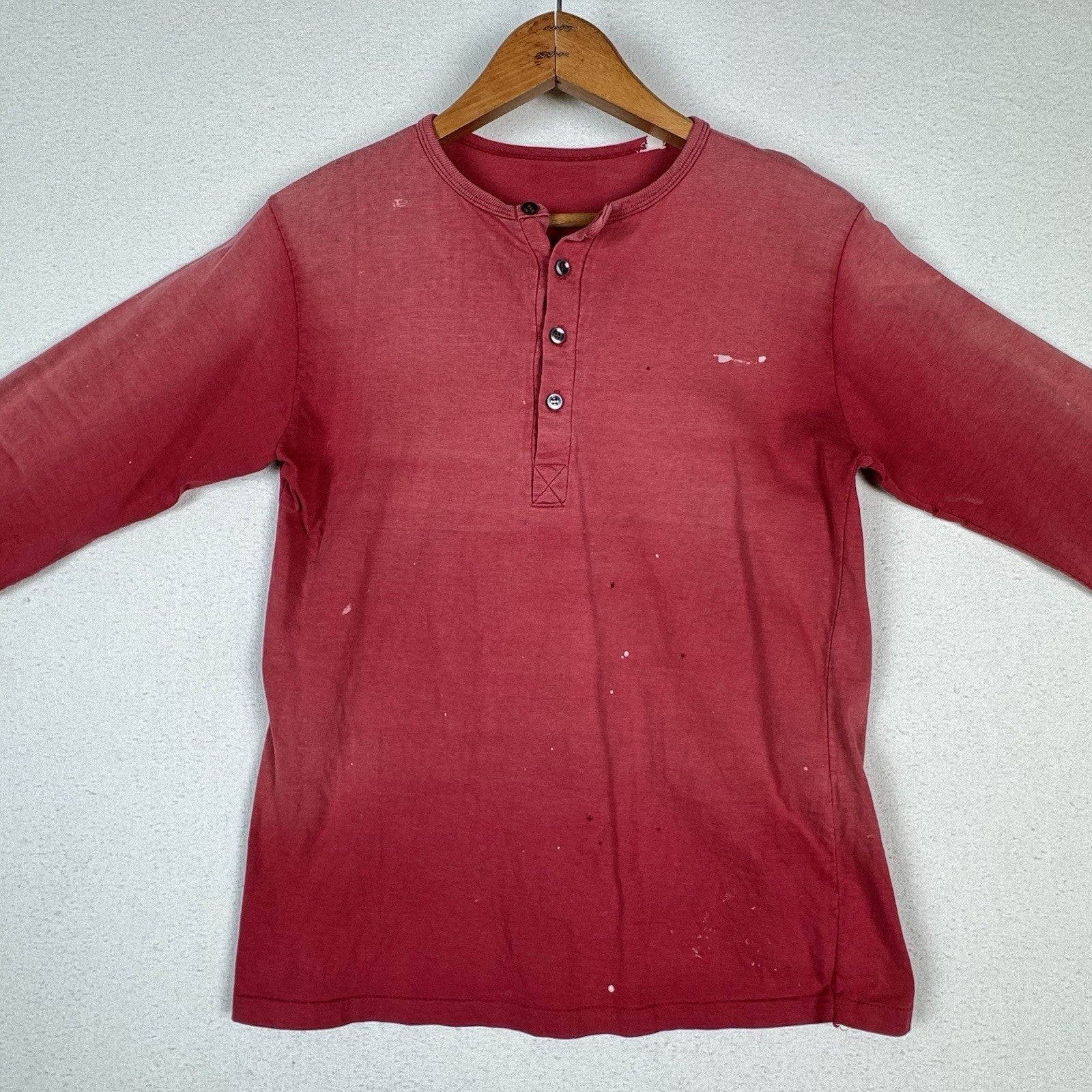 True Vintage 50s Kids Small Faded Distressed Red Henley Shirt Made In USA