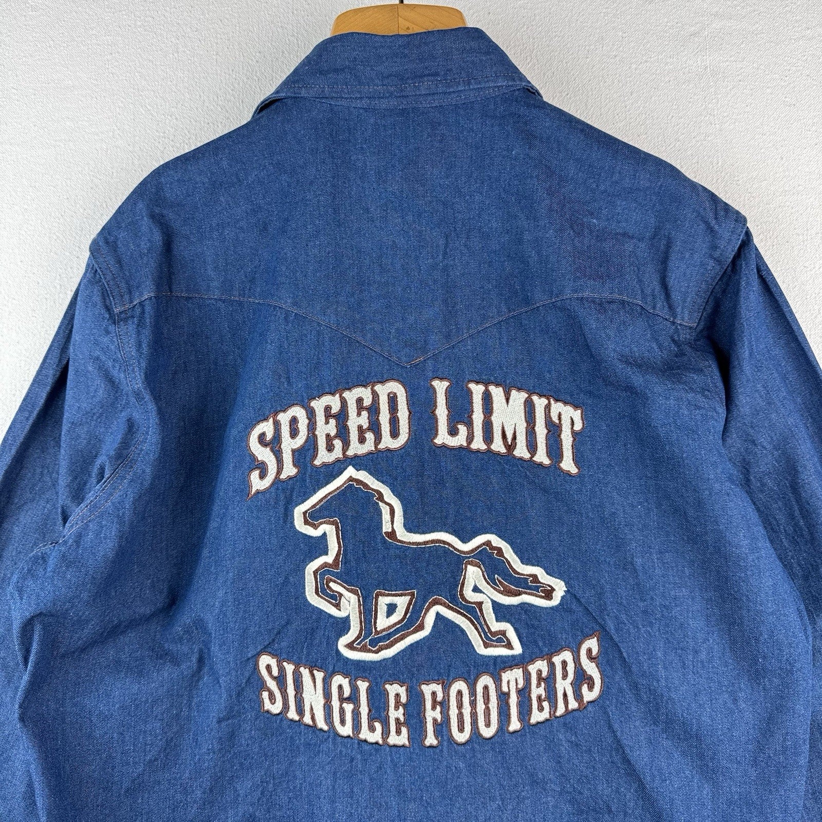 Vtg Wrangler Western Denim Pearl Snap Men’s Large Embroidered Speed Limit