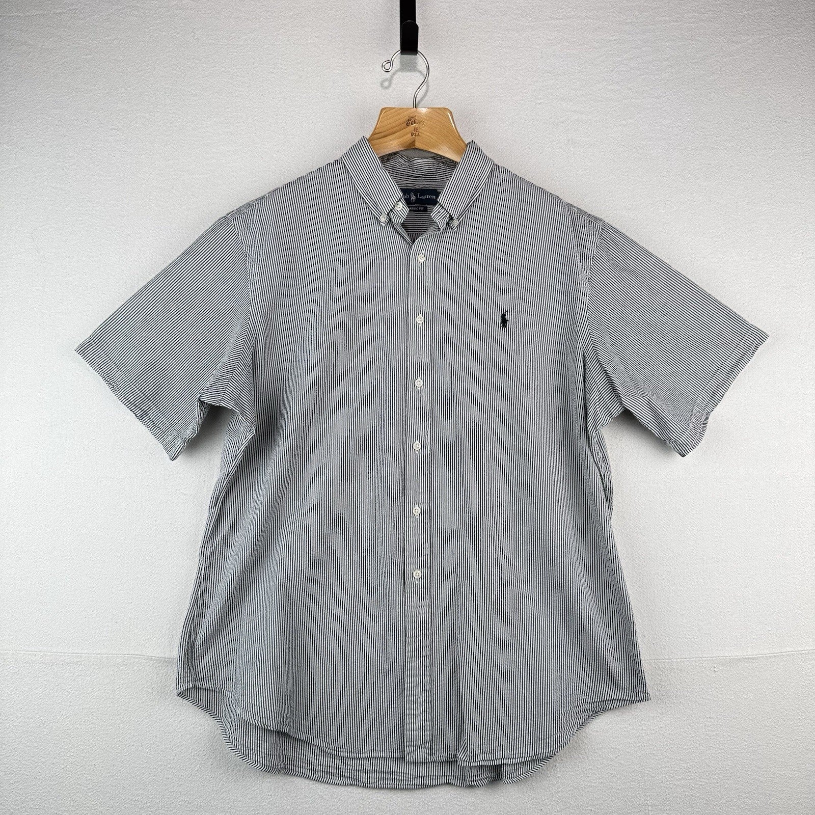 Vtg Ralph Lauren Seersucker Men’s 2XL Classic Fit SS Button Shirt Gray White