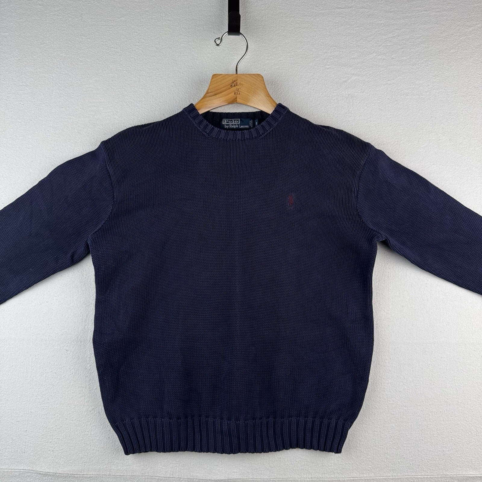 90's Vintage Polo Ralph Lauren Sweater Men's S Navy Blue Knit Crewneck Blue Pony