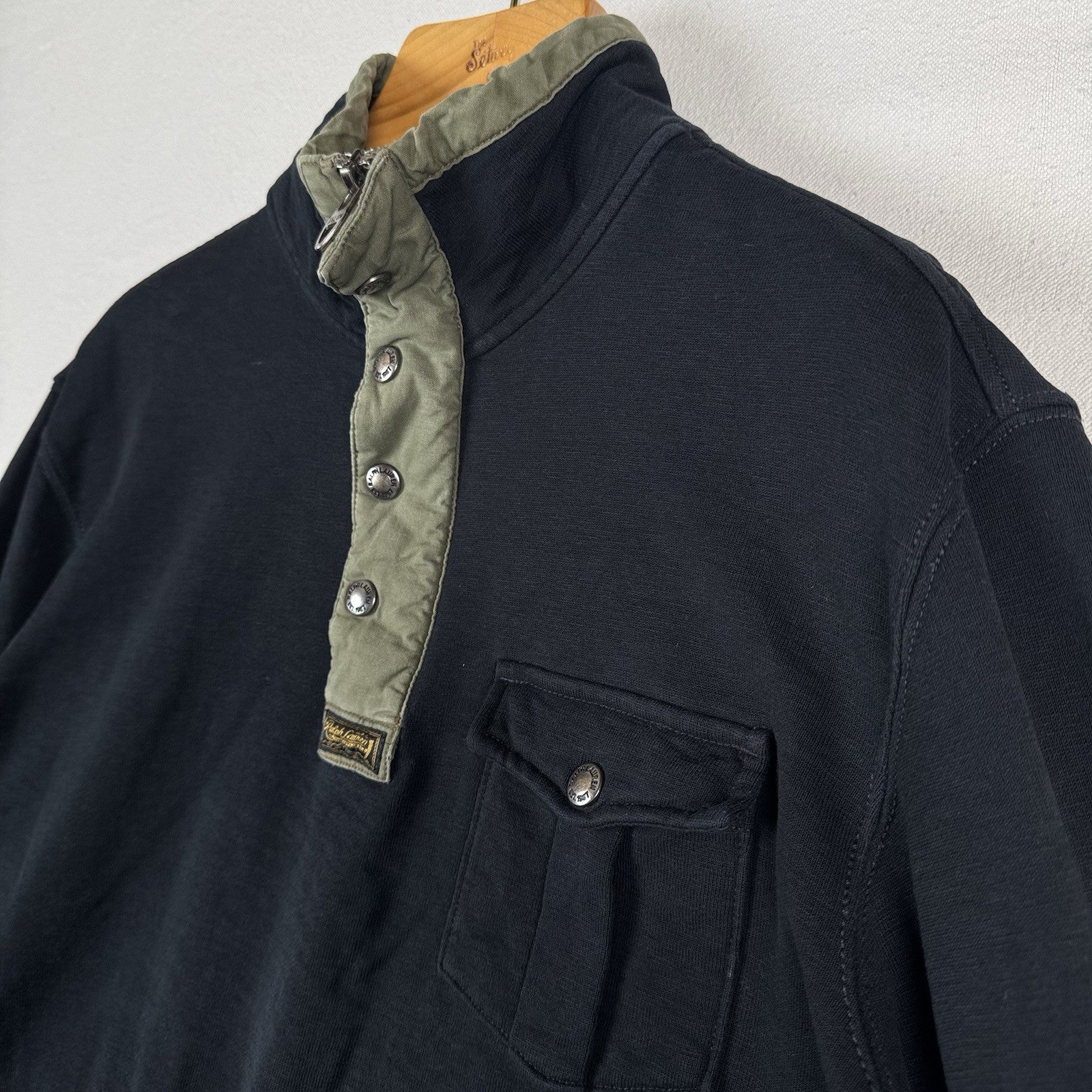 Polo Ralph Lauren Sweatshirt Mens Large Black Mock Neck Half Zip Snap Pullover