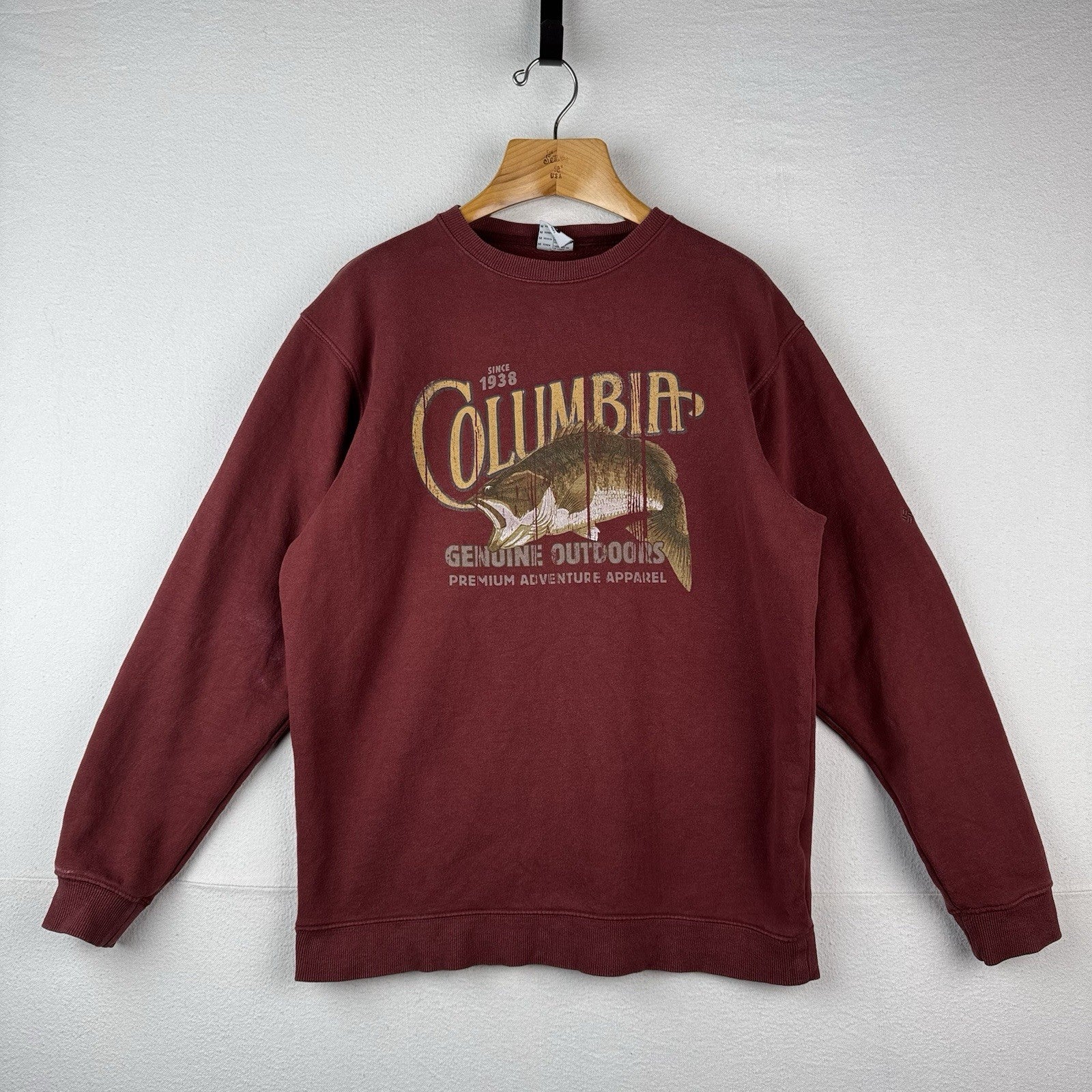 Vtg Columbia Bass Fishing Sweatshirt Men's M Crew Neck Red Maroon Fisherman