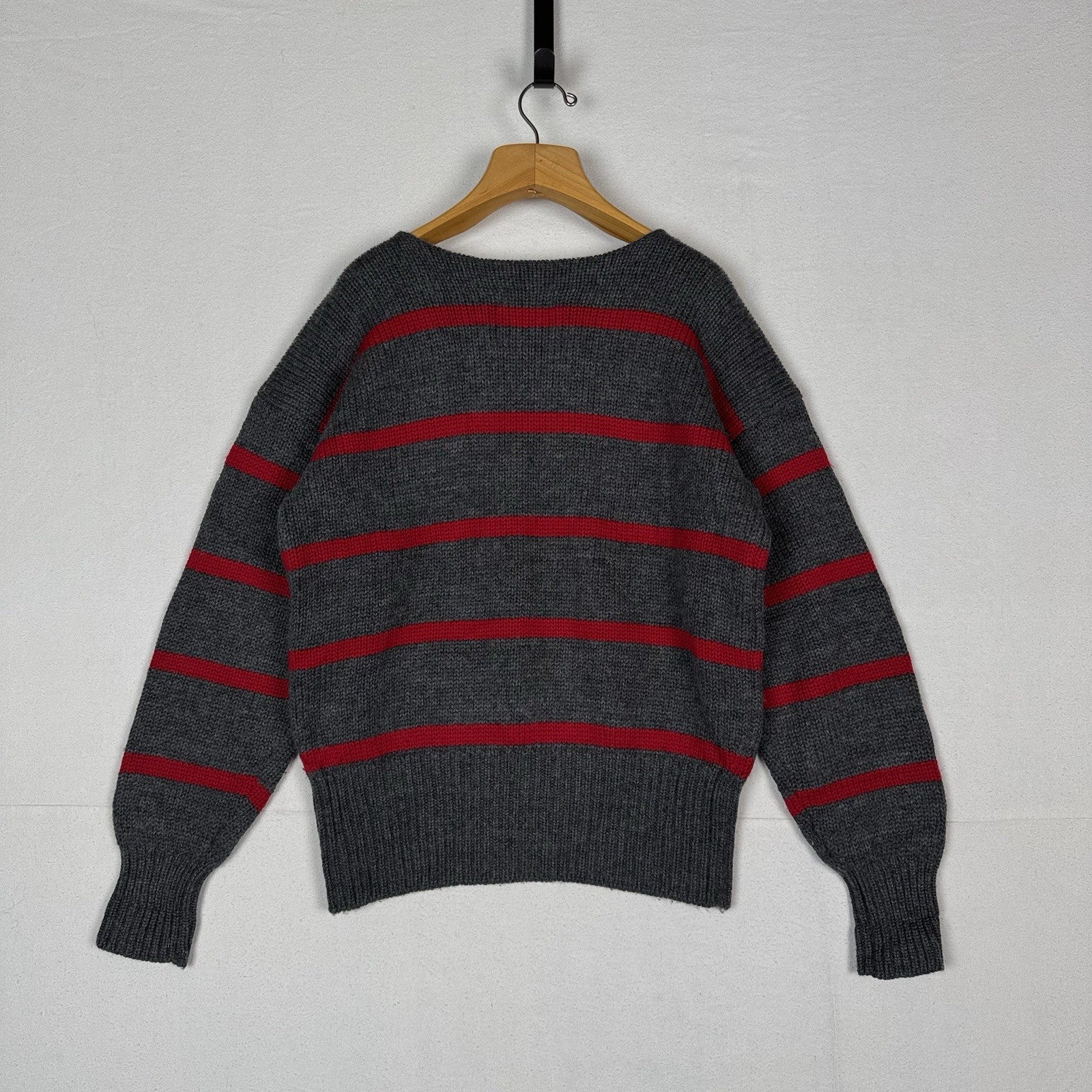 90’s Vtg Polo Ralph Lauren Striped Boat Neck Wool Knit Sweater Gray Red Crest XL
