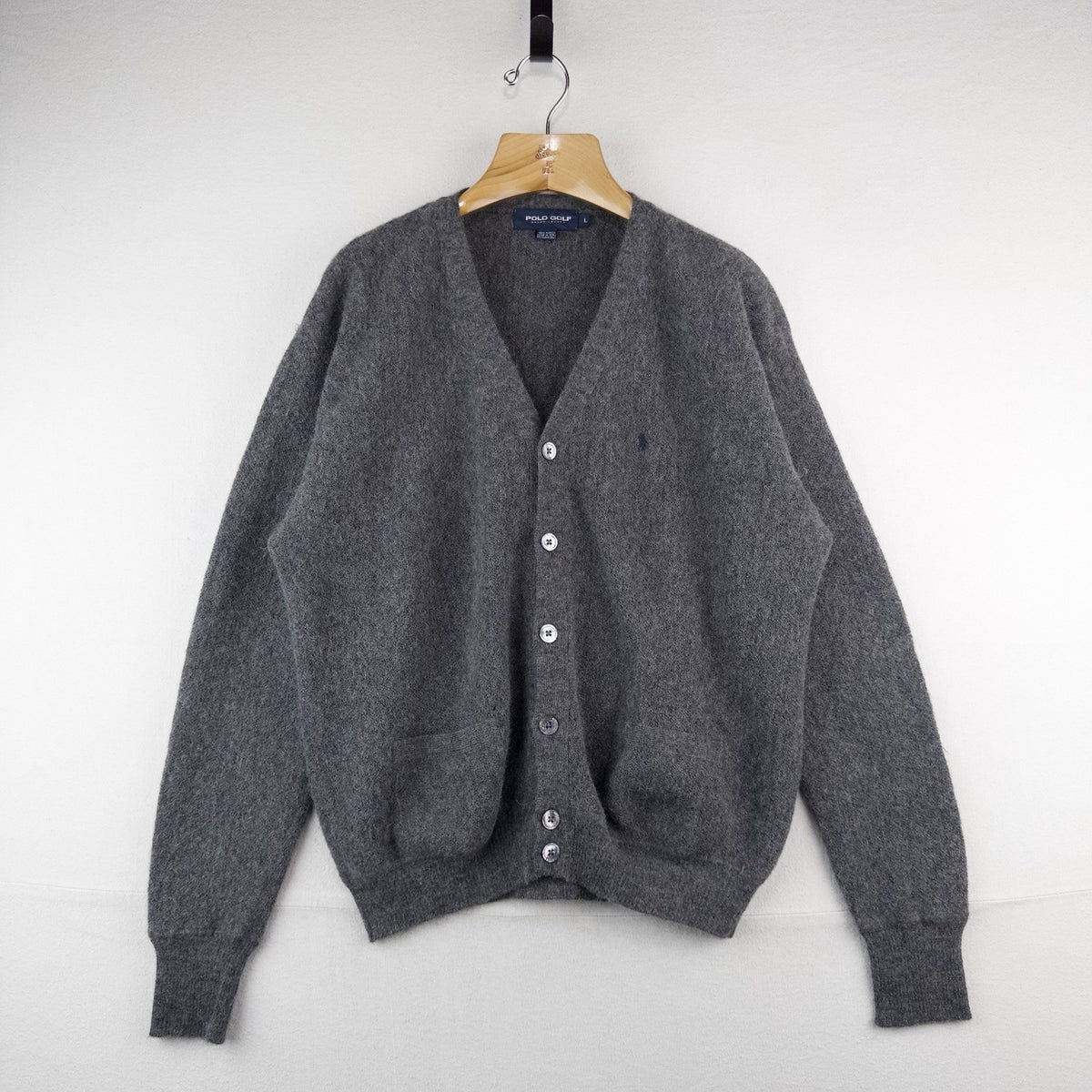Polo Golf Ralph Lauren 100% Alpaca Gray V-neck  Cardigan Mens Large Pockets Peru