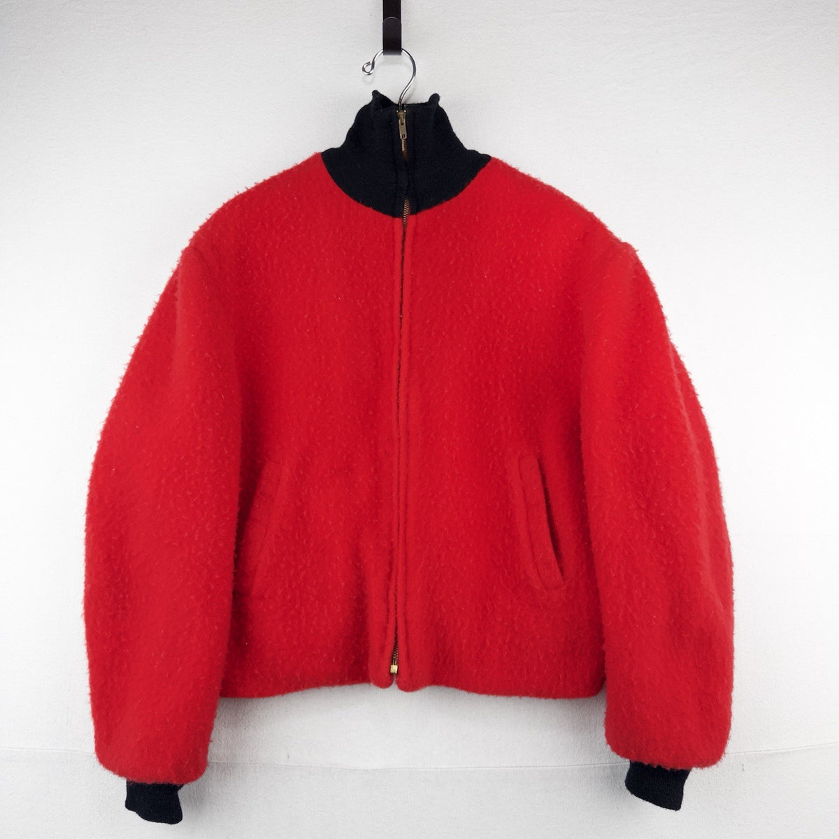 50’s Vtg Fuzzy Fleece Red Bomber Hunting Ricky Jacket Mock Neck Talon Zip Mens L