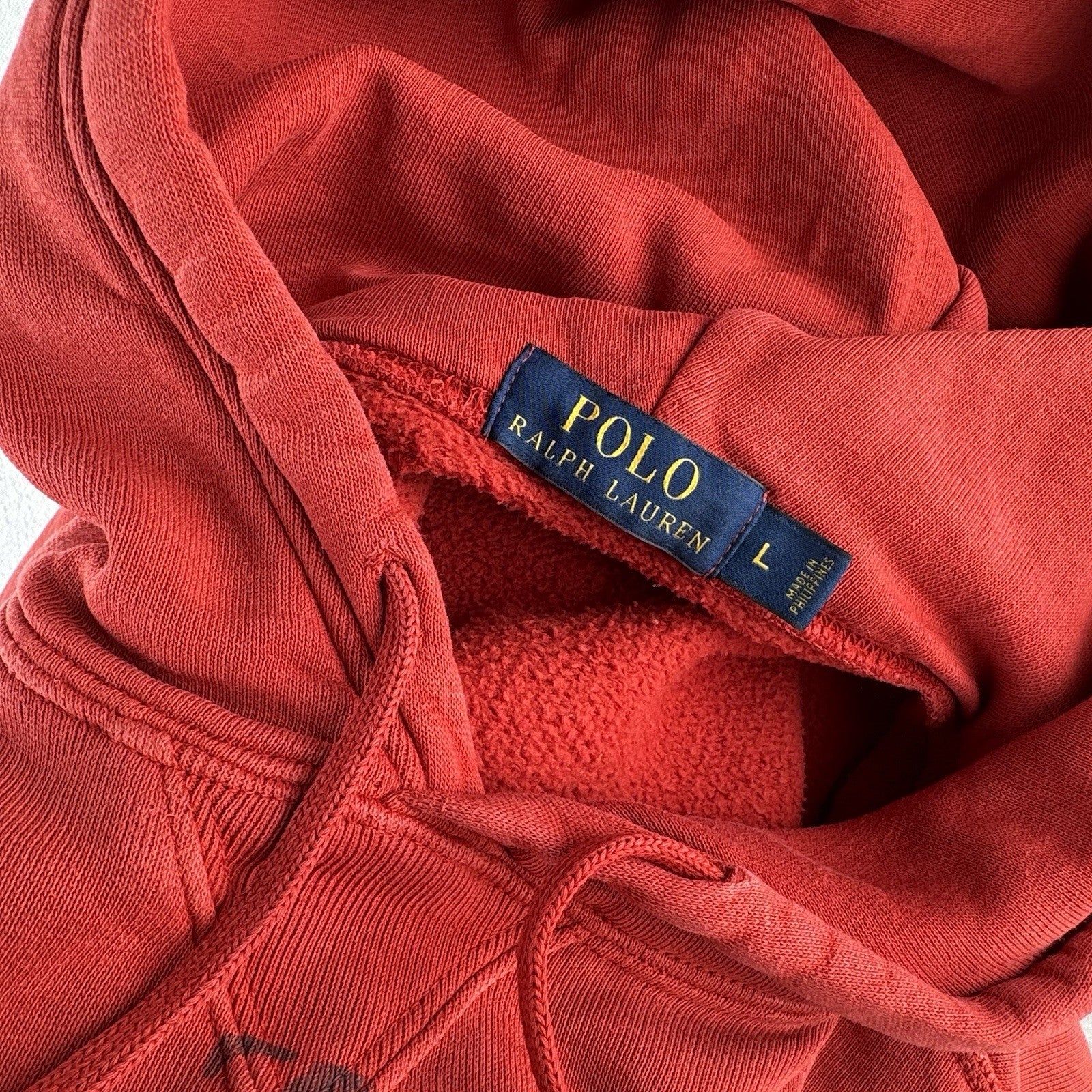 Distressed Polo Ralph Lauren Hoodie Men’s Large USA Polo 67 Coral Red Orange