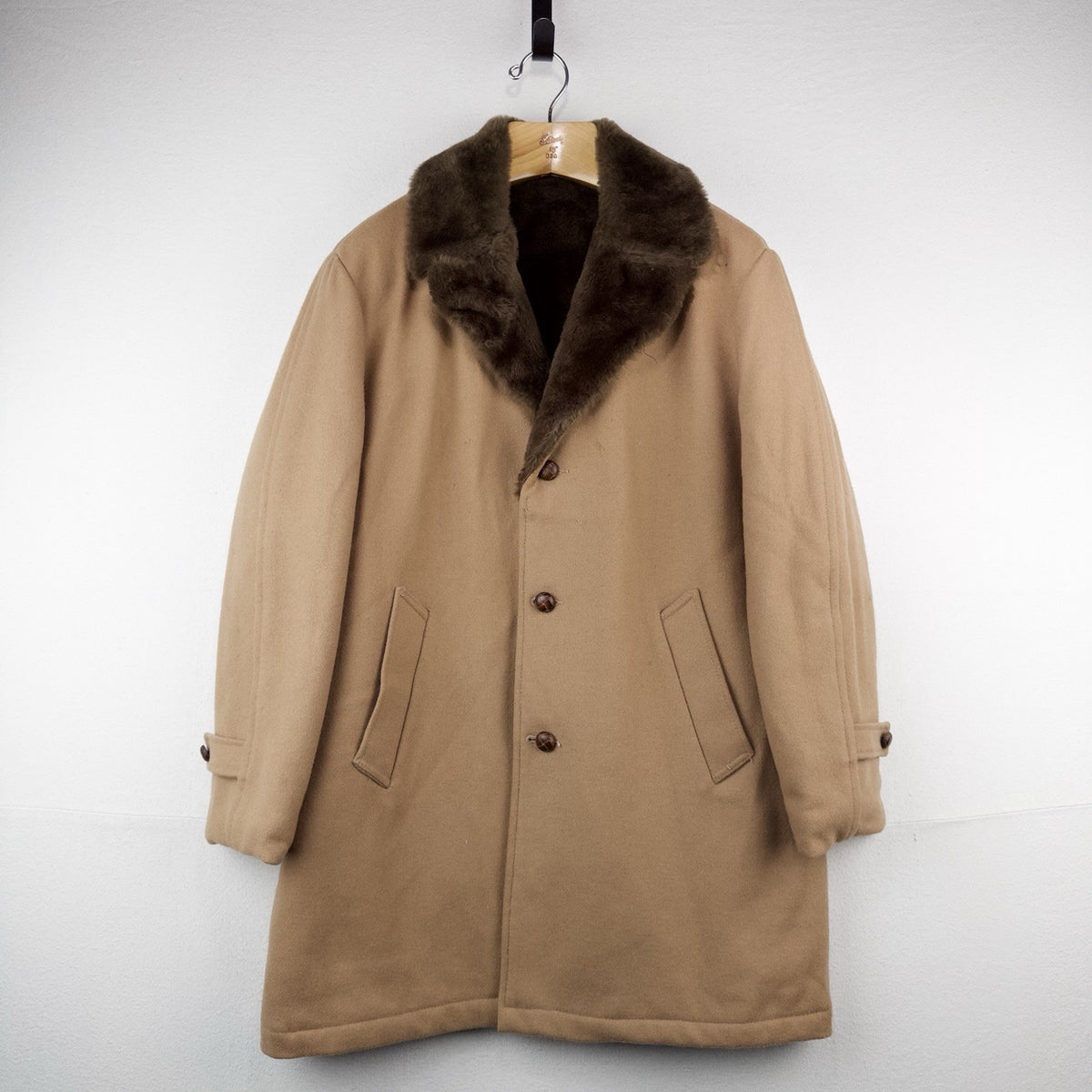 70’s Vtg Wool Men’s L/XL 44 Car Coat Overcoat Camel Brown Faux Fur Lining Collar