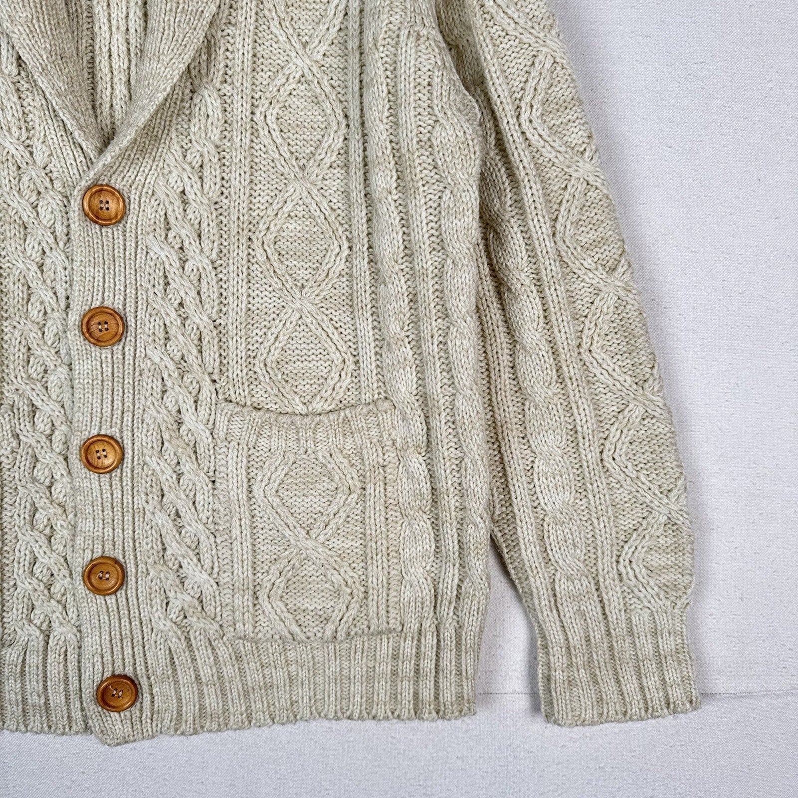 Vintage Thane Men’s Fisherman Cable Knit Cardigan Sweater Acrylic Cream Medium