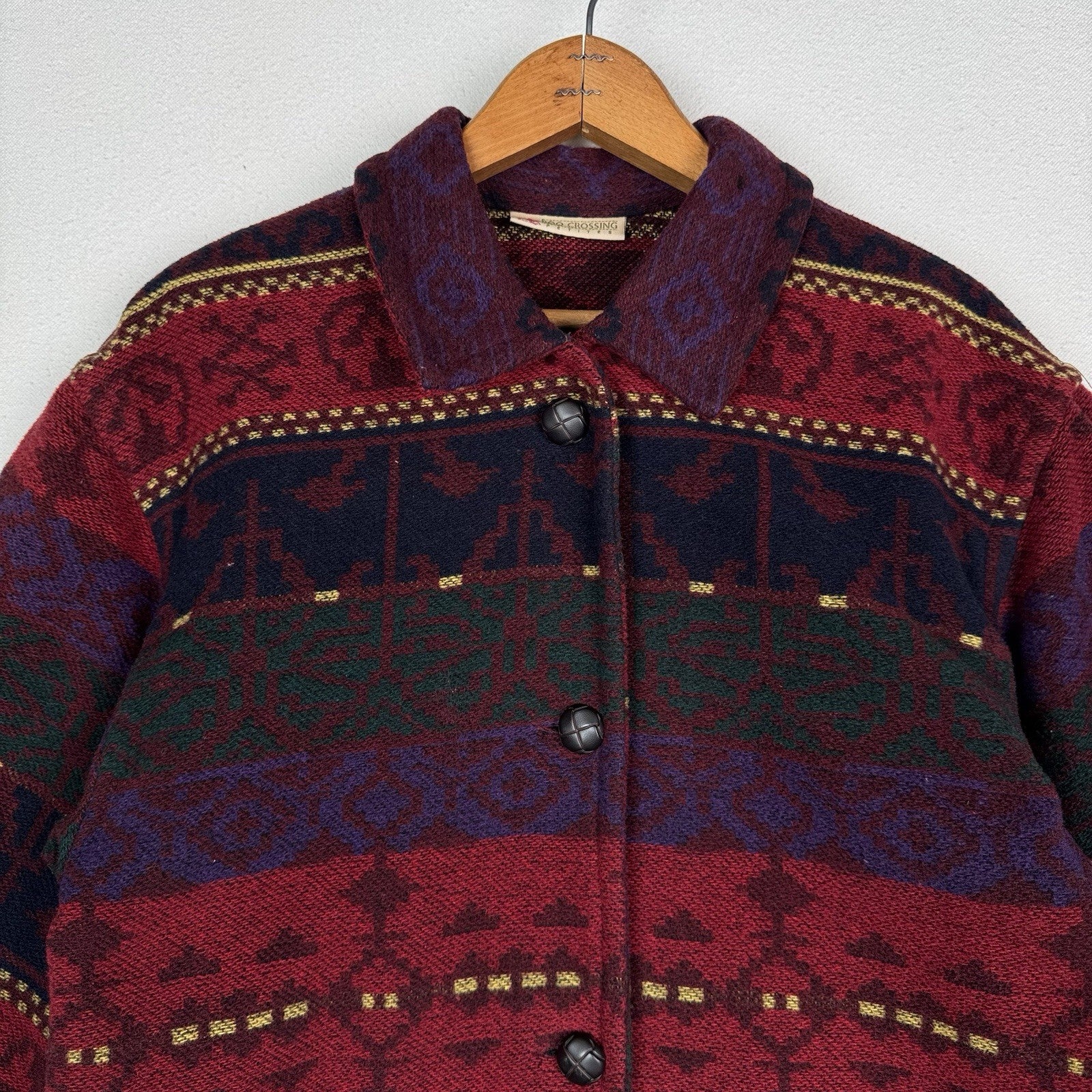 Vintage Wool Aztec Jacket Women Medium Petite Red Southwestern Navajo Barn 90s