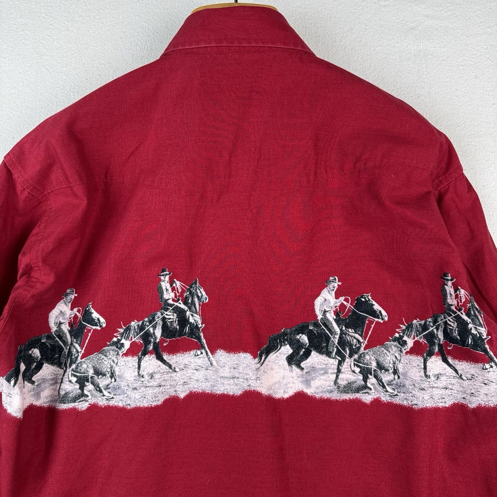 Vtg Wrangler Western Cowboy Print Graphic Pearl Snap Button Shirt Horses XL 46”