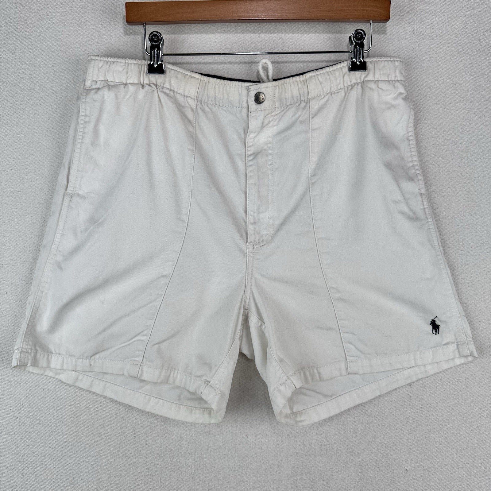 90's Vtg Polo Ralph Lauren Mens White M 100% Cotton Chino Drawstring Zip Shorts
