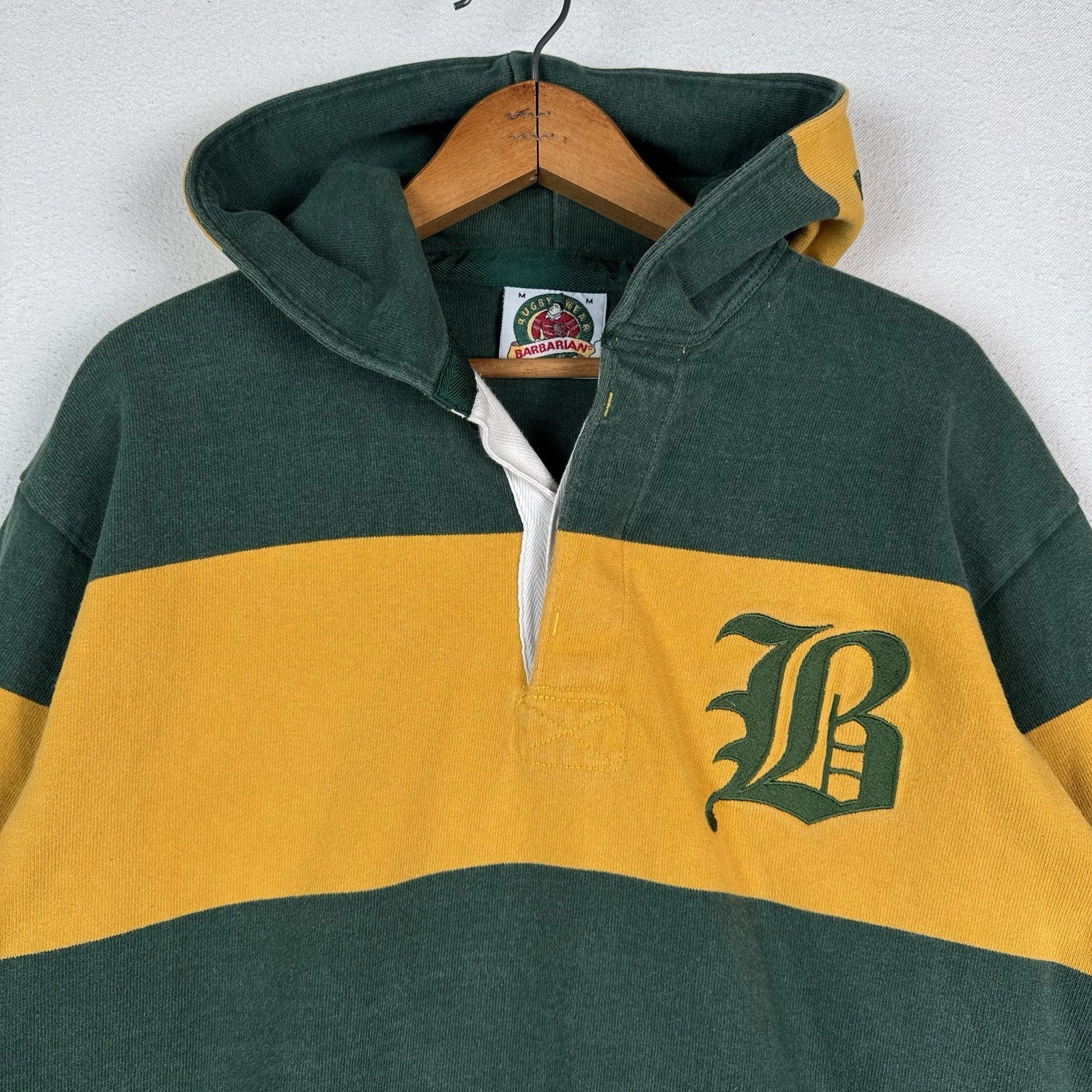 Barbarian Hooded Rugby Mens Medium Green Yellow Striped Pullover