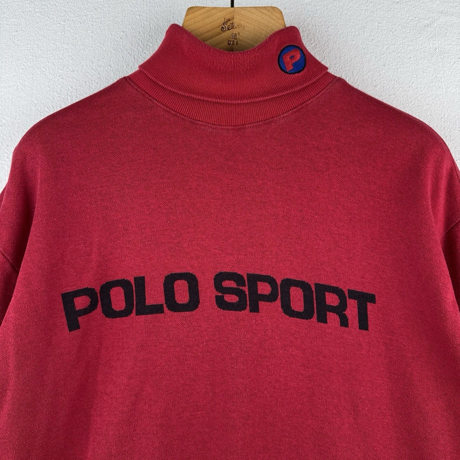 90s Vtg Ralph Lauren Polo Sport Red Turtleneck Spellout Sweater Mens XL Made USA