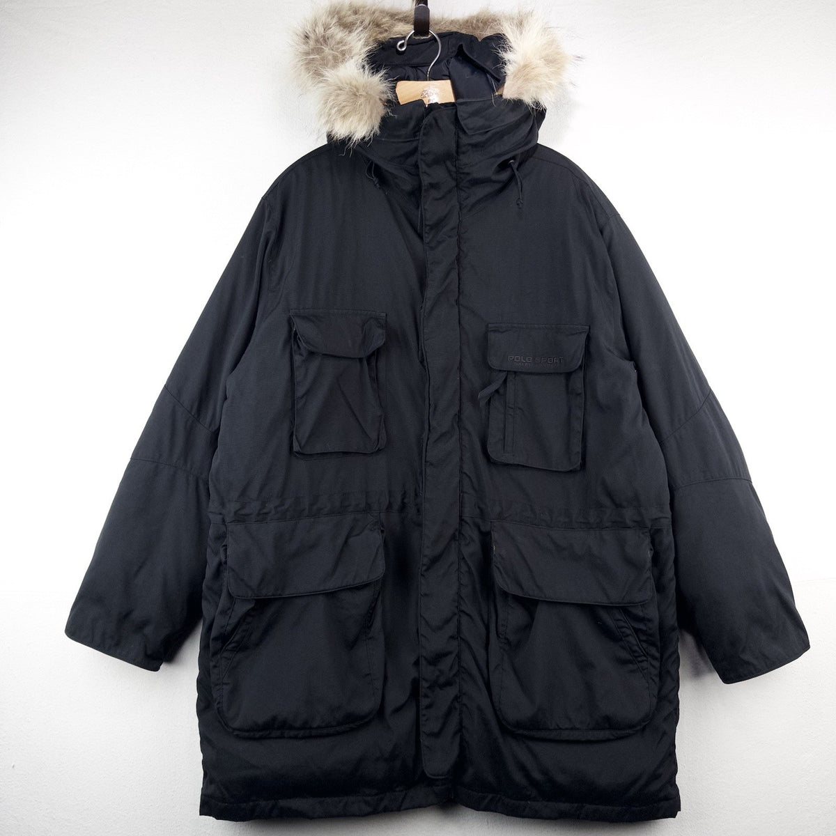 90’s Vtg Polo Sport Ralph Lauren Men’s L Black Down Parka Jacket Coyote Fur Trim