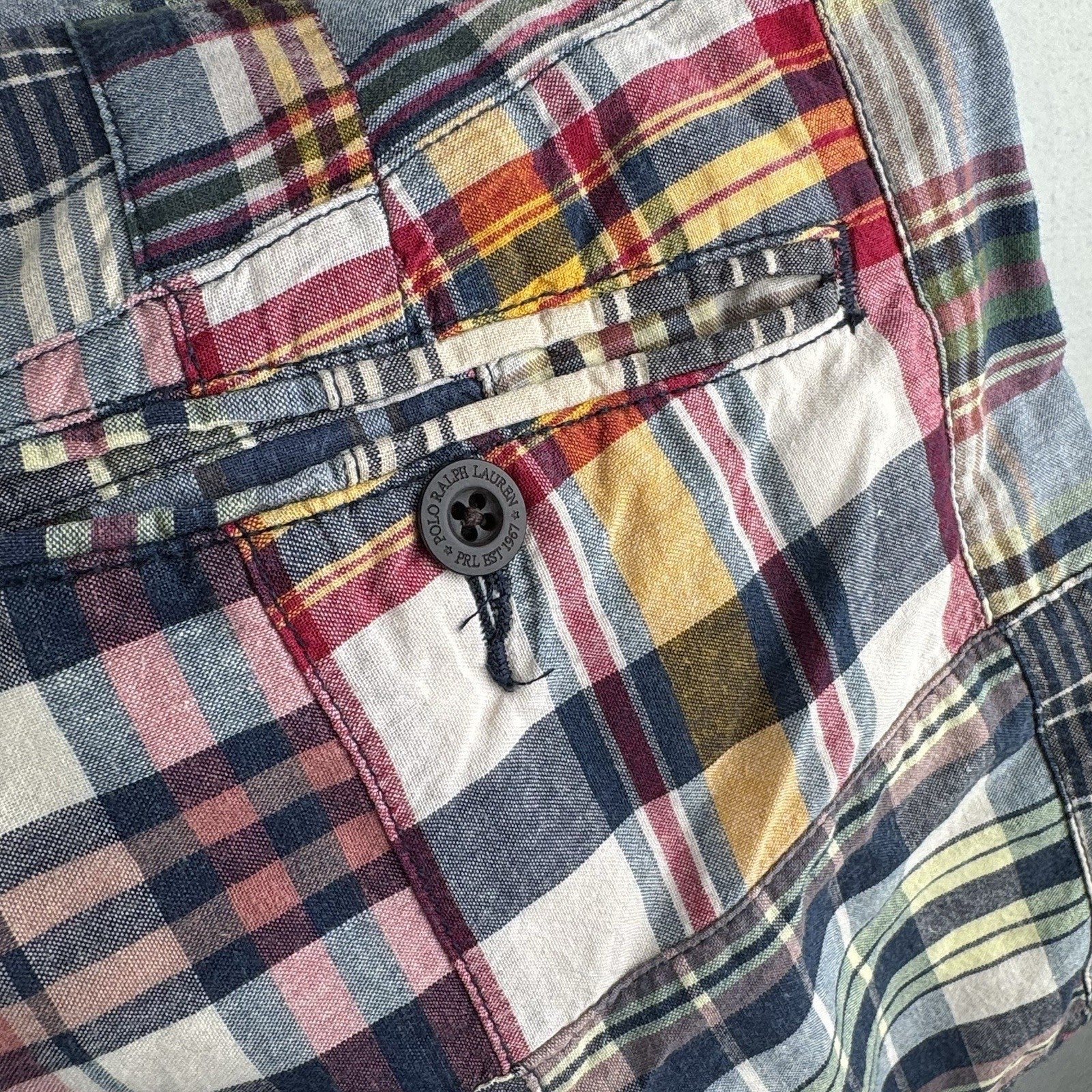 Vintage Polo Ralph Lauren Madras Plaid Shorts Mens 32 Patchwork 7”