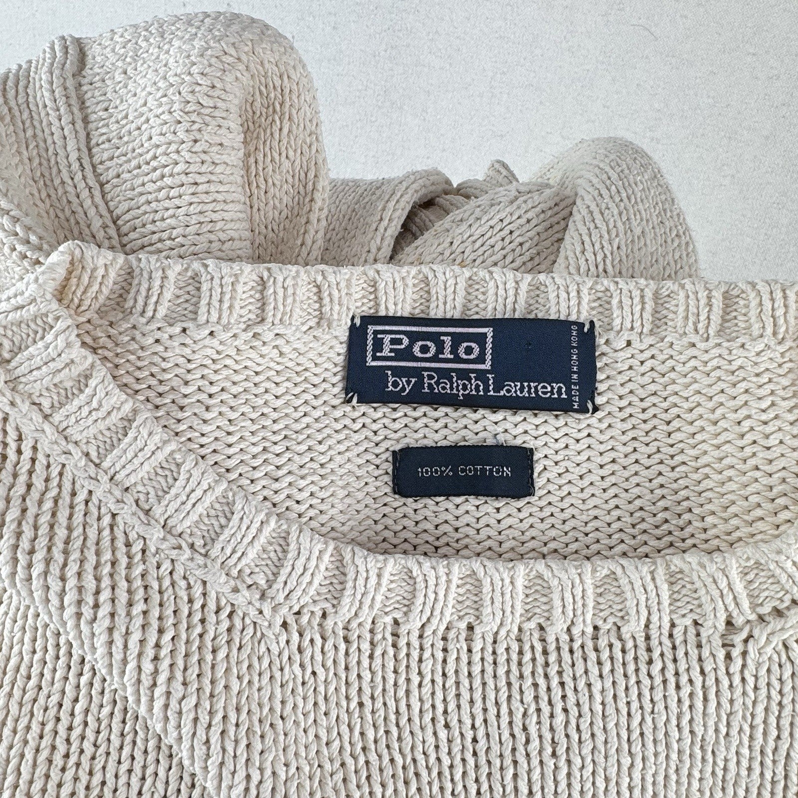 90s Vtg Polo Ralph Lauren Sweater Men's 2XL Cream 100% Cotton Crewneck Navy Pony