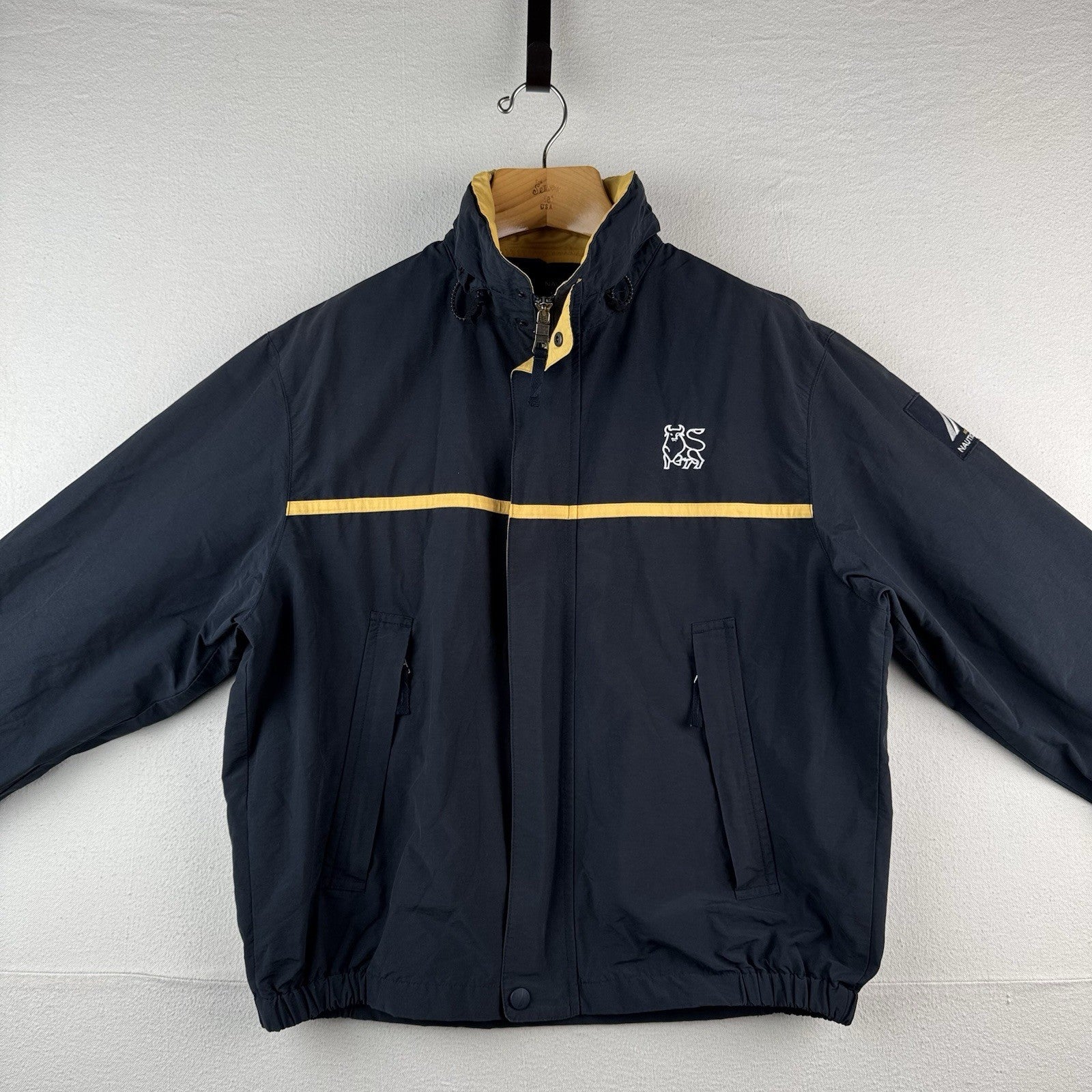 90’s Vtg Nautica NS-83 Windbreaker Hideaway Hood Jacket Mens L Merrill Lynch