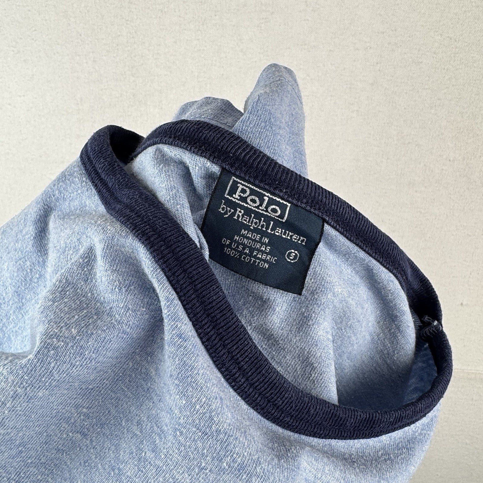 Vtg Polo Ralph Lauren Marled Powder Blue Ringer TShirt Mens Small *Distressed