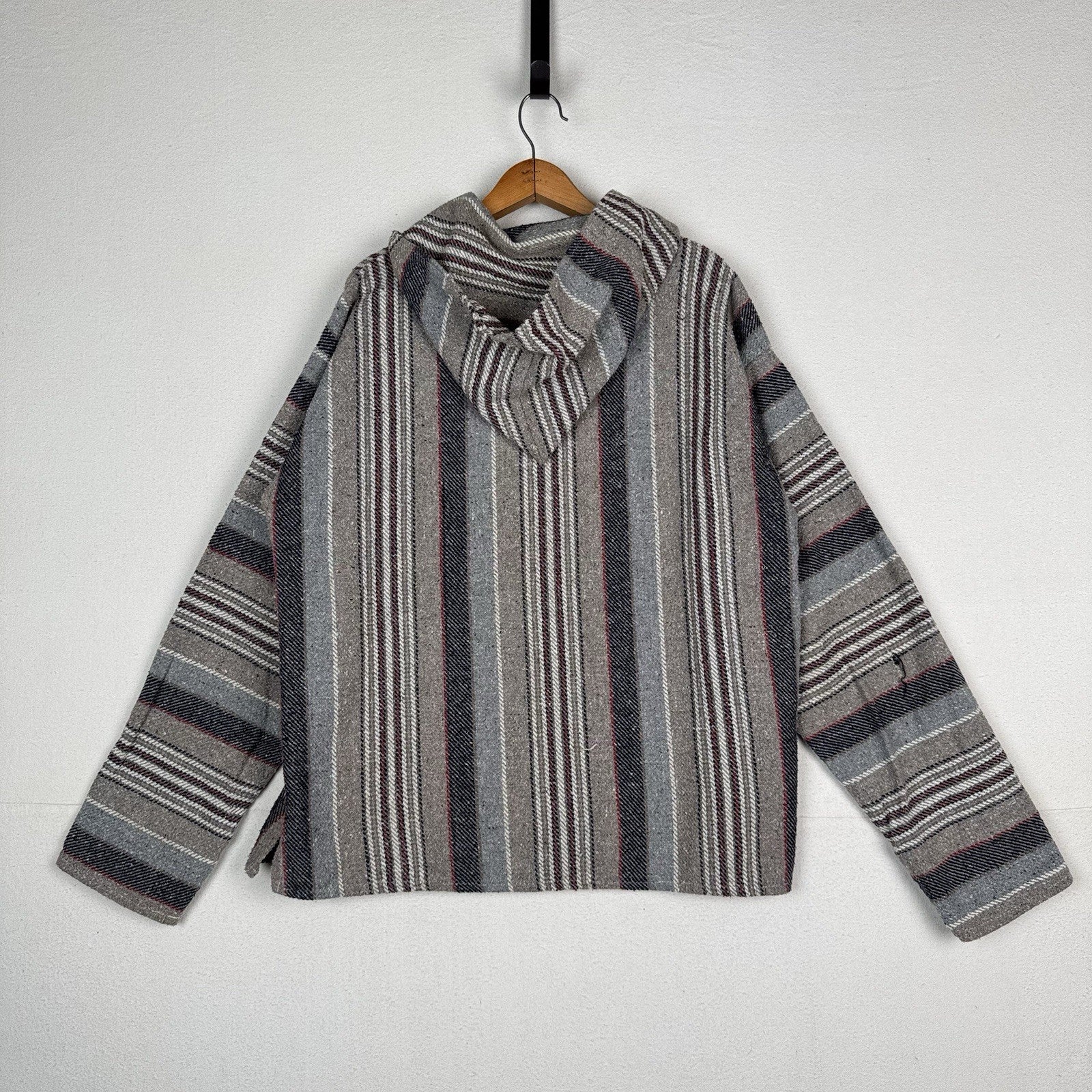 Vintage Baja Mexican Woven Blanket Hoodie Pullover Jacket Blue Gray Red XL Boho