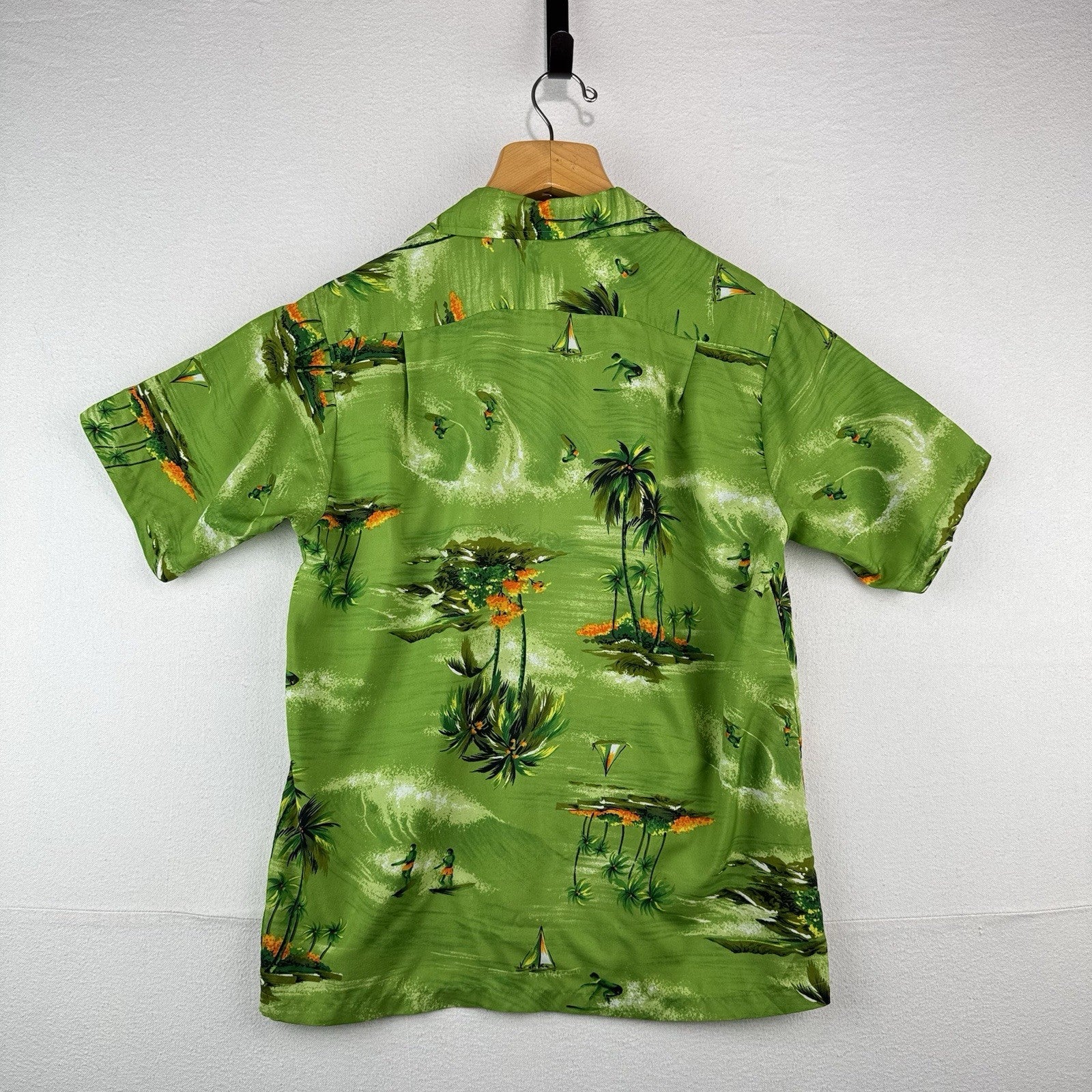 60s-70s Vintage Hukilau Fashion Hawaiian Shirt Green Men’s Large Surf Resort USA
