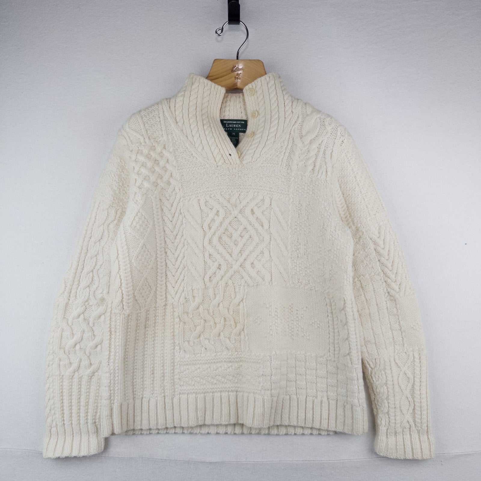 90’s Vtg Ralph Lauren Handknit Aran Patchwork Sweater Women’s M Cream *Read